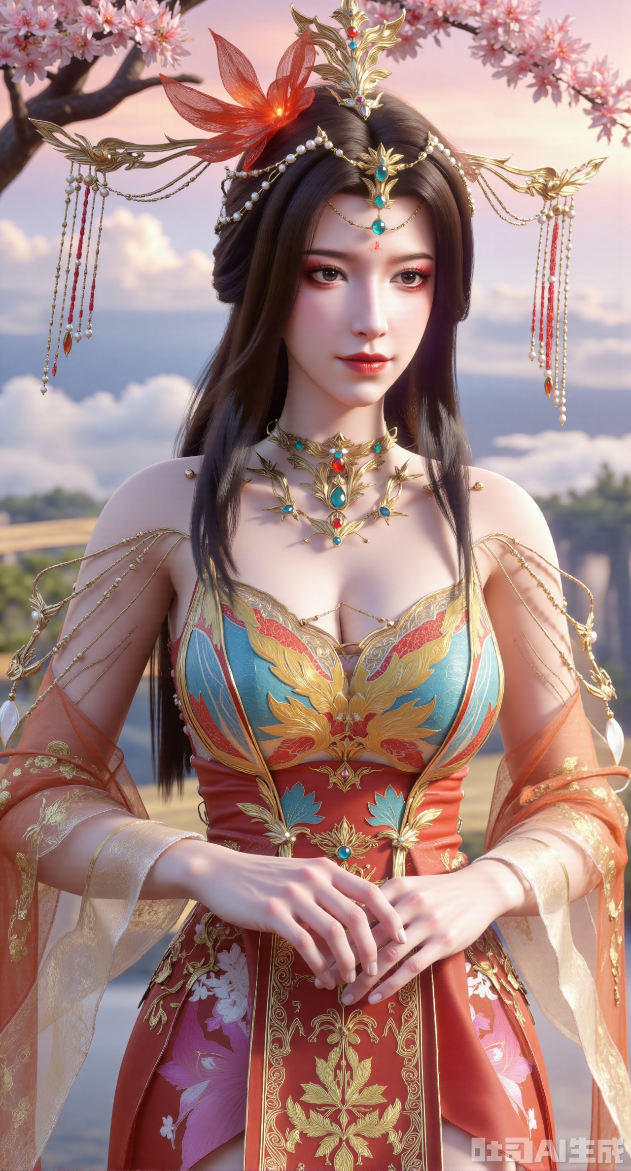 (masterpiece, best quality:1.23)A girl wearing a Chinese - style wedding dress with a phoenix coronet and xiapei. The xiapei is embroidered with vivid phoenixes and flowing clouds using delicate stitches, and the outlines are traced with gold thread, shining brightly. The phoenix coronet is inlaid with bright pearls and colorful gemstones, and the hanging tassels are light and elegant. The girl holds a blooming peach blossom in her hand, standing on the peak of a fairy - mountain surrounded by clouds and mist. Behind her is a gorgeous glow, as if a fairyland has descended,(huge breasts, full breasts:2.98),XliumeiY,XyueliuY,Xyunwangshu,XlishaoyinY,XyunwangshuxiheY,XlinziyueYH,XtangzichenK,Xnuwashenian,Xbigbreasts,XyanqingfeiY,XyinyueXH,XyunwangshuBF,XyunwangshuHF