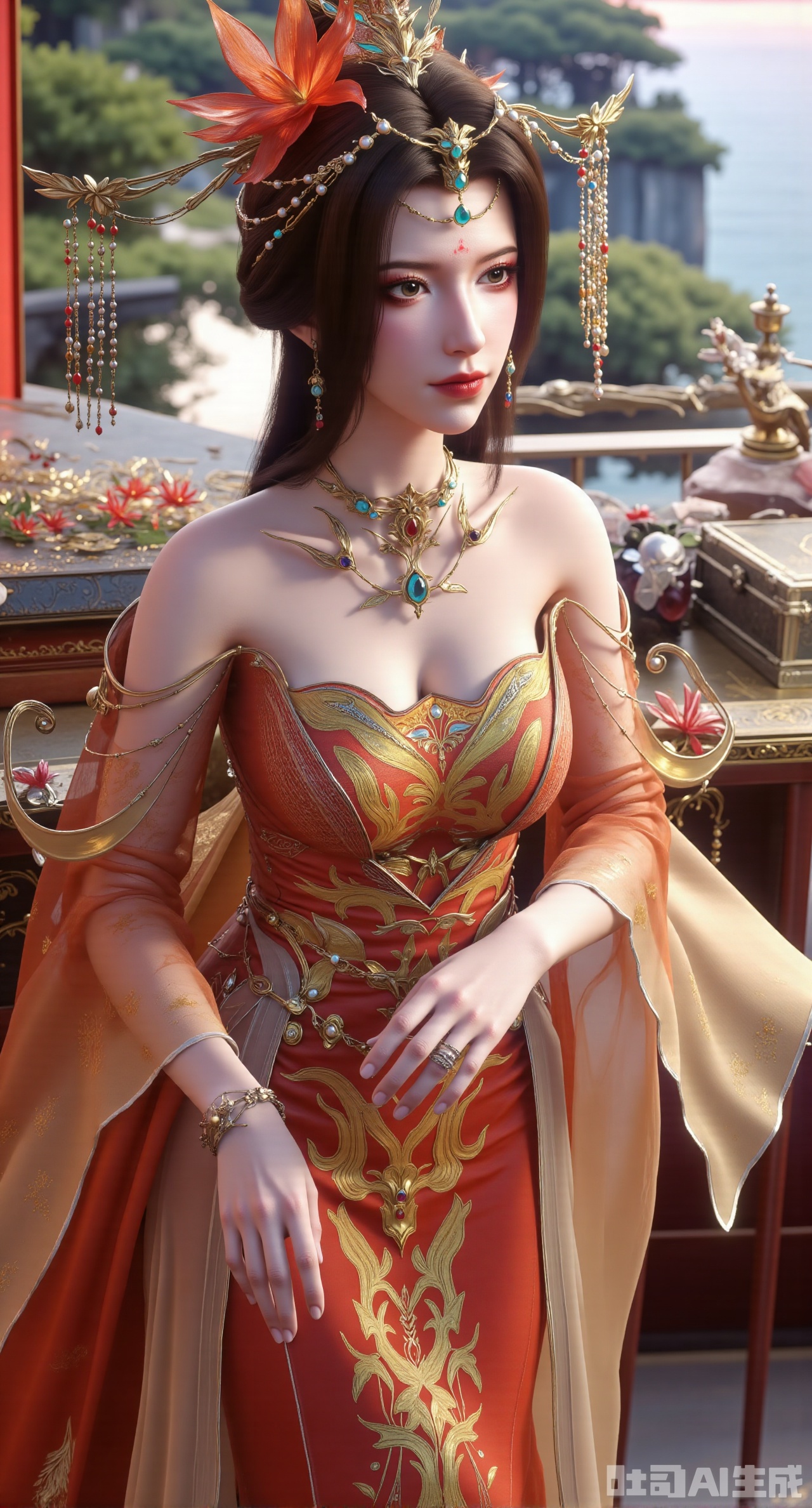 (masterpiece, best quality:1.23)A maiden waiting to get married, wearing a Chinese - style wedding dress with a phoenix coronet and xiapei, is sitting dignifiedly in front of the dressing table by the window of her boudoir. The xiapei is orange - red, embroidered with patterns of lilies and butterflies meaning a harmonious union for a hundred years. The wings of the butterflies are dotted with small sequins, twinkling in the light. The phoenix coronet has a silver base, inlaid with a large number of pearls and sapphires, with a solemn and luxurious shape. The maiden is fixing her bun with a hairpin. Several fresh flowers are inserted into her bun, adding a bit more charm. On the dressing table are a silver powder box, a round fan with an ivory handle, and some hair accessories. The scenery outside the window is like a painting, with green mountains and clear waters in sight, adding a peaceful beauty to this scene of waiting to get married,(huge breasts, full breasts:2.98),XliumeiY,XyueliuY,Xyunwangshu,XlishaoyinY,XyunwangshuxiheY,XlinziyueYH,XtangzichenK,Xnuwashenian,Xbigbreasts,XyanqingfeiY,XyinyueXH,XyunwangshuBF,XyunwangshuHF