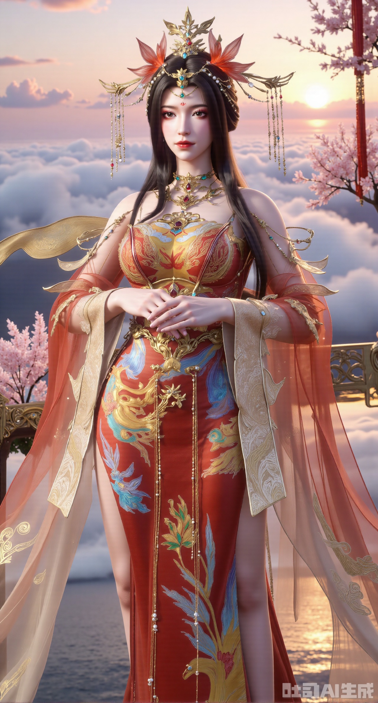 (masterpiece, best quality:1.23)A girl wearing a Chinese - style wedding dress with a phoenix coronet and xiapei. The xiapei is embroidered with vivid phoenixes and flowing clouds using delicate stitches, and the outlines are traced with gold thread, shining brightly. The phoenix coronet is inlaid with bright pearls and colorful gemstones, and the hanging tassels are light and elegant. The girl holds a blooming peach blossom in her hand, standing on the peak of a fairy - mountain surrounded by clouds and mist. Behind her is a gorgeous glow, as if a fairyland has descended,(huge breasts, full breasts:2.98),XliumeiY,XyueliuY,Xyunwangshu,XlishaoyinY,XyunwangshuxiheY,XlinziyueYH,XtangzichenK,Xnuwashenian,Xbigbreasts,XyanqingfeiY,XyinyueXH,XyunwangshuBF,XyunwangshuHF