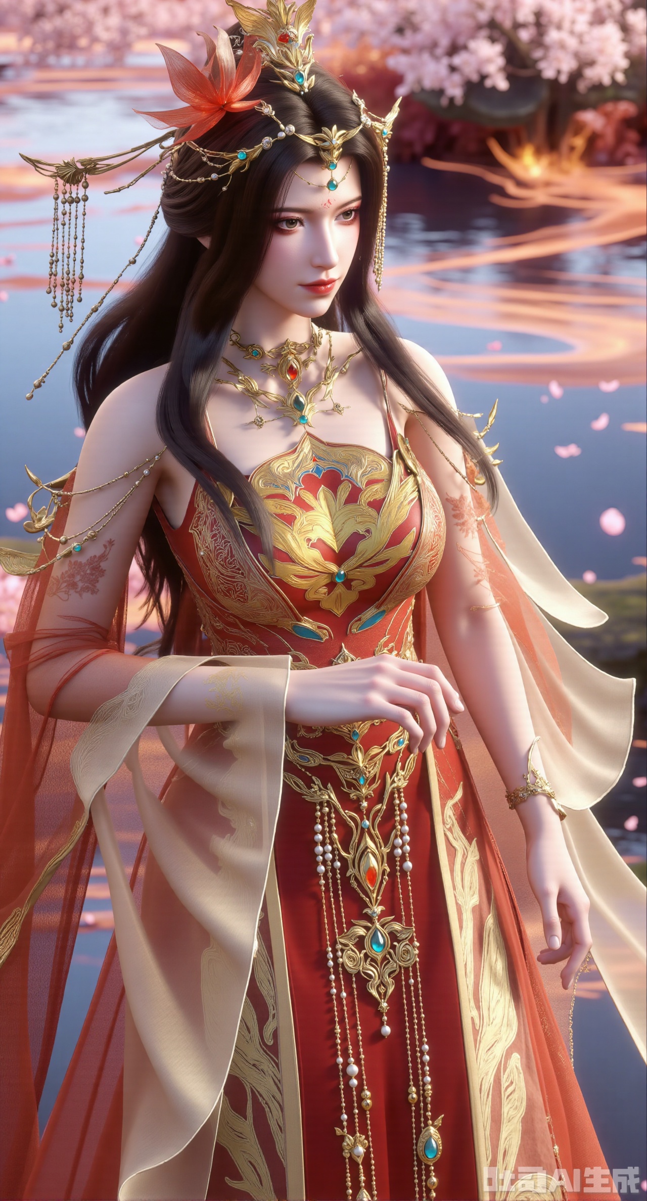 (masterpiece, best quality:1.23)A girl wearing a Chinese - style wedding dress with a phoenix coronet and xiapei. The xiapei uses exquisite kesi technique to present the pattern of dragon and phoenix bringing prosperity, with a strong three - dimensional sense. The bead strings hanging from the phoenix coronet are of different lengths, each bead is round and full, inlaid with golden stamen decorations. The girl stands in a peach - blossom forest filled with fairy air, and flower petals are falling like snow, just like a fairy in the flowers,(huge breasts, full breasts:2.98),XliumeiY,XyueliuY,Xyunwangshu,XlishaoyinY,XyunwangshuxiheY,XlinziyueYH,XtangzichenK,Xnuwashenian,Xbigbreasts,XyanqingfeiY,XyinyueXH,XyunwangshuBF,XyunwangshuHF