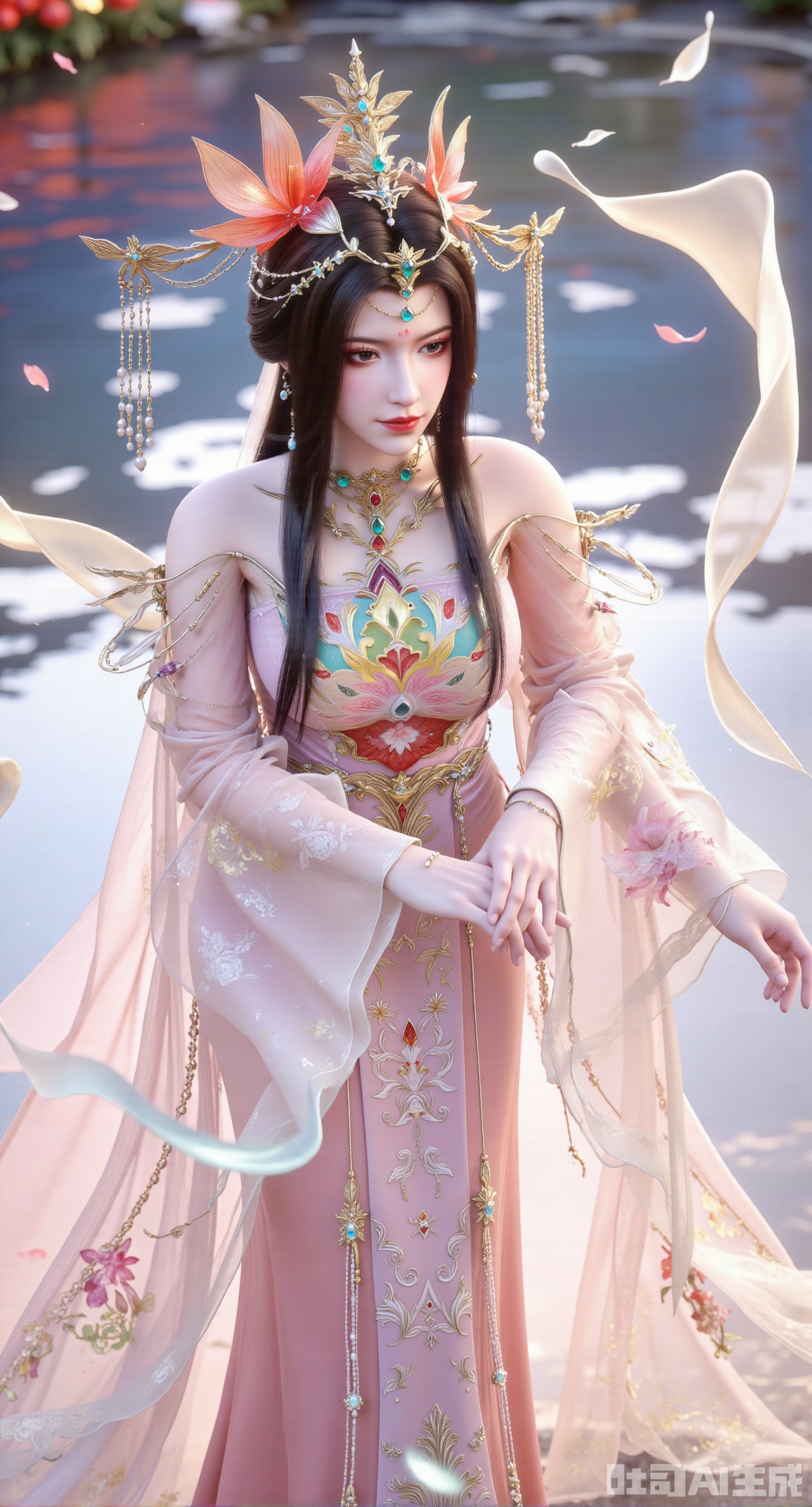(masterpiece, best quality:1.23)A girl dressed in a Chinese - style wedding dress with a phoenix coronet and xiapei. The xiapei is light pink, embroidered with auspicious cranes and peonies, with soft colors. The phoenix coronet is mainly made of silver ornaments, dotted with blue gemstones, looking fresh and refined. Petals are flying around the girl. She stands by the side of a sparkling fairy - lake, and the fantasy sky is reflected in the lake water, like a dream,(huge breasts, full breasts:2.98),XliumeiY,XyueliuY,Xyunwangshu,XlishaoyinY,XyunwangshuxiheY,XlinziyueYH,XtangzichenK,Xnuwashenian,Xbigbreasts,XyanqingfeiY,XyinyueXH,XyunwangshuBF,XyunwangshuHF