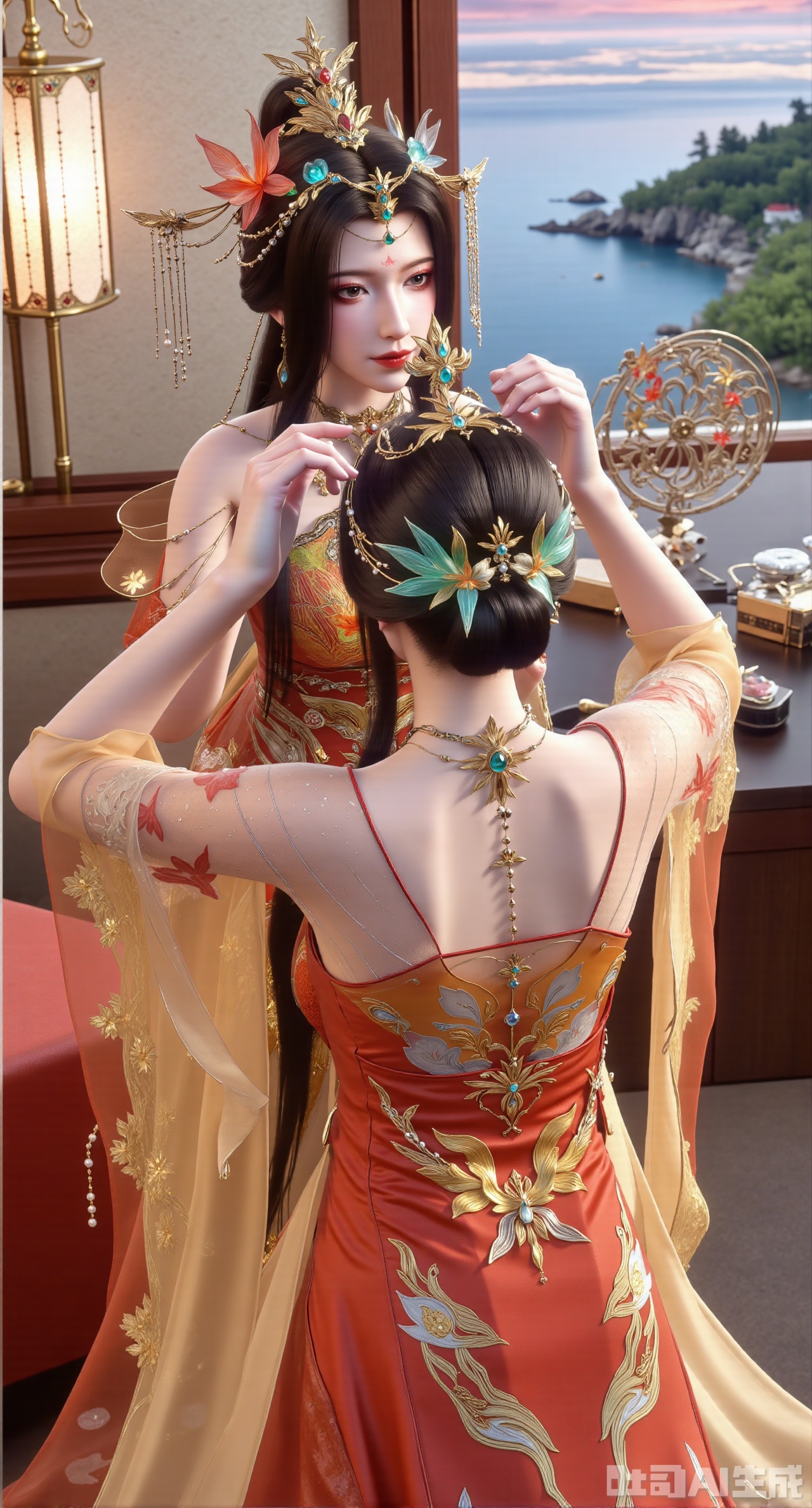 (masterpiece, best quality:1.23)A maiden waiting to get married, wearing a Chinese - style wedding dress with a phoenix coronet and xiapei, is sitting dignifiedly in front of the dressing table by the window of her boudoir. The xiapei is orange - red, embroidered with patterns of lilies and butterflies meaning a harmonious union for a hundred years. The wings of the butterflies are dotted with small sequins, twinkling in the light. The phoenix coronet has a silver base, inlaid with a large number of pearls and sapphires, with a solemn and luxurious shape. The maiden is fixing her bun with a hairpin. Several fresh flowers are inserted into her bun, adding a bit more charm. On the dressing table are a silver powder box, a round fan with an ivory handle, and some hair accessories. The scenery outside the window is like a painting, with green mountains and clear waters in sight, adding a peaceful beauty to this scene of waiting to get married,(huge breasts, full breasts:2.98),XliumeiY,XyueliuY,Xyunwangshu,XlishaoyinY,XyunwangshuxiheY,XlinziyueYH,XtangzichenK,Xnuwashenian,Xbigbreasts,XyanqingfeiY,XyinyueXH,XyunwangshuBF,XyunwangshuHF
