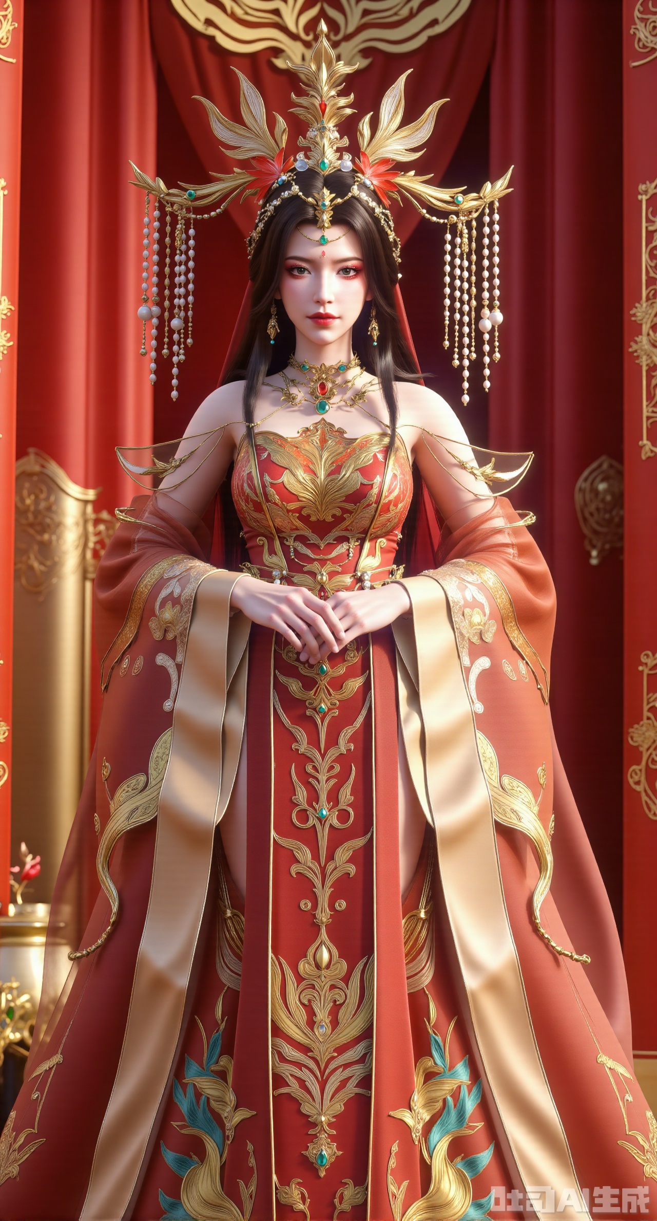  (masterpiece,best quality:1.23)A bride wearing a Chinese - style wedding dress with a phoenix coronet and a xiapei. The xiapei uses gold - coiling embroidery techniques to embroider majestic dragon and phoenix patterns, showing dignity. The bead curtains hanging from the phoenix coronet are arranged in a well - organized manner, and each bead is crystal - clear. She stands on the stage of a Chinese - style wedding. The stage is decorated with red silk and golden decorations, shining brightly,(huge breasts, full breasts:2.98),XliumeiY,XyueliuY,Xyunwangshu,XlishaoyinY,XyunwangshuxiheY,XlinziyueYH,XtangzichenK,Xnuwashenian,Xbigbreasts,XyanqingfeiY,XyinyueXH,XyunwangshuBF,XyunwangshuHF