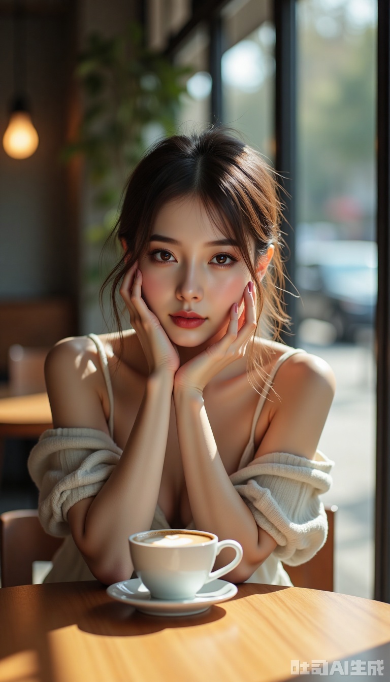mycs,A fair-skinned Asian woman,Dressed casually, in the coffee shop on the corner, sitting and drinking coffee, the sun shines on her, a very comfortable atmosphere, the background is blurred