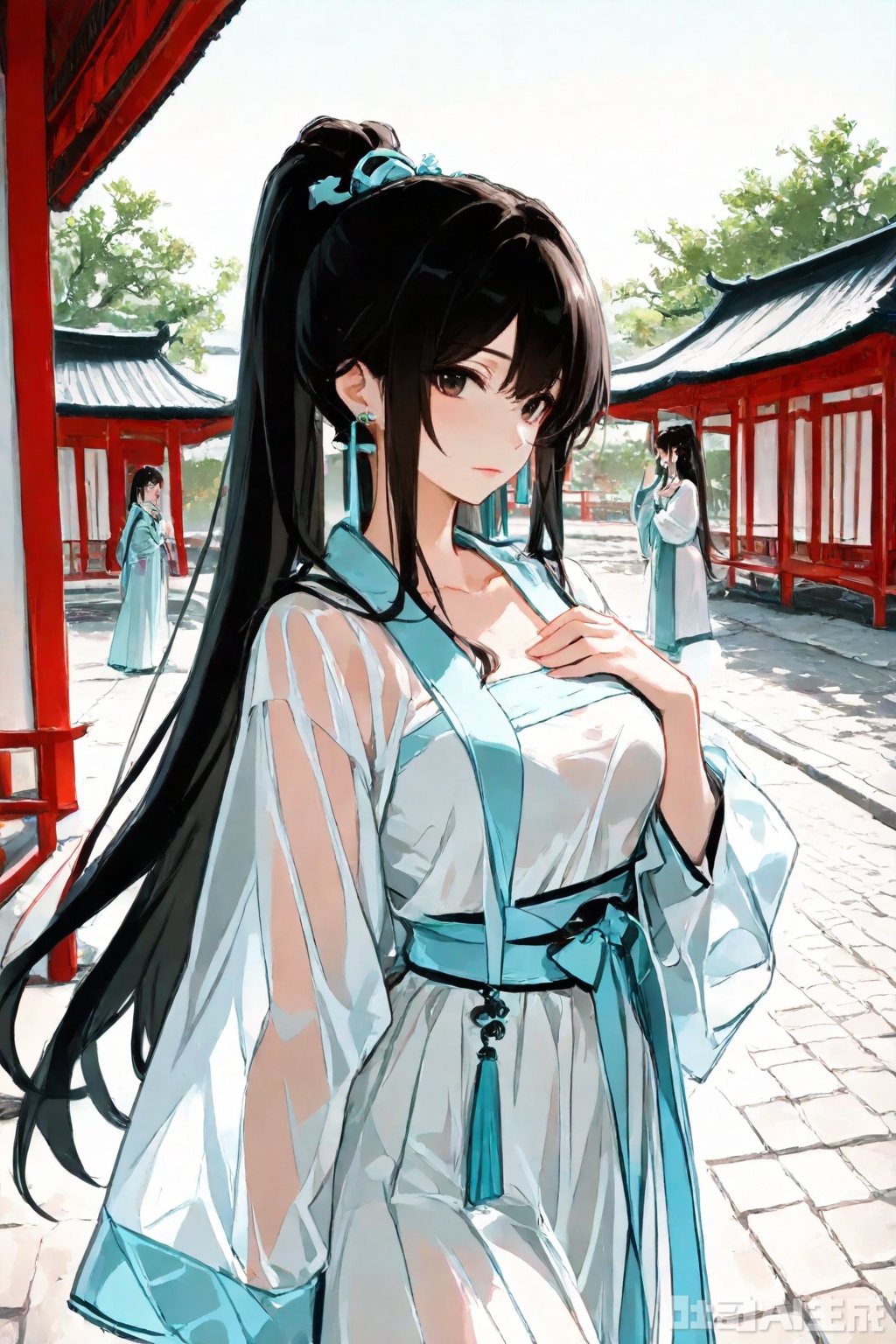 black hair, long hair, earrings, looking at viewer, breasts, outdoors, jewelry, multiple girls, 2girls, hanfu, chinese clothes, solo focus, ponytail, long sleeves, architecture, closed mouth, hand on own chest, east asian architecture, dress, see-through, white dress, standing, collarbone, sidelocks, hair ornament