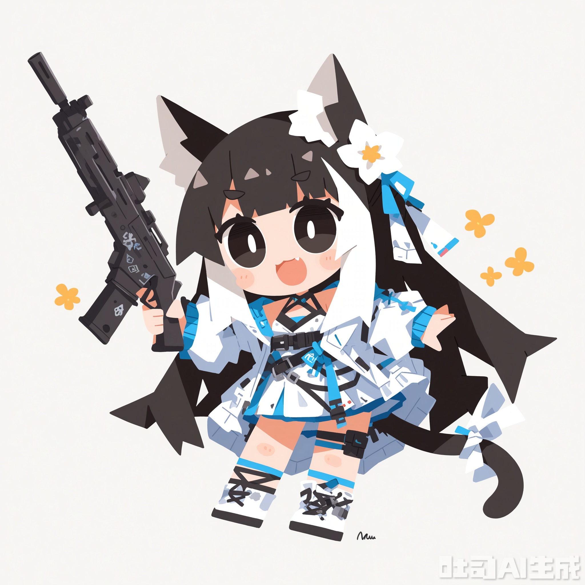 White background, white theme, solo, whole body,
／/
(chibi:1.1) ,:d,//artist:chujiujiu:1.4,//
／/
Stretch out your arms,open your hands
／/

Long hair, multiple girls, simple background, black hair, hair ornament, white background, holding, 2 girls, animal ears, closed eyes, black eyes, weapon, flower, white hair, colorful hair, tie, cat ears, hair flower, chibi, holding a weapon, two-color hair, gun,:3, cat girl, holding a gun