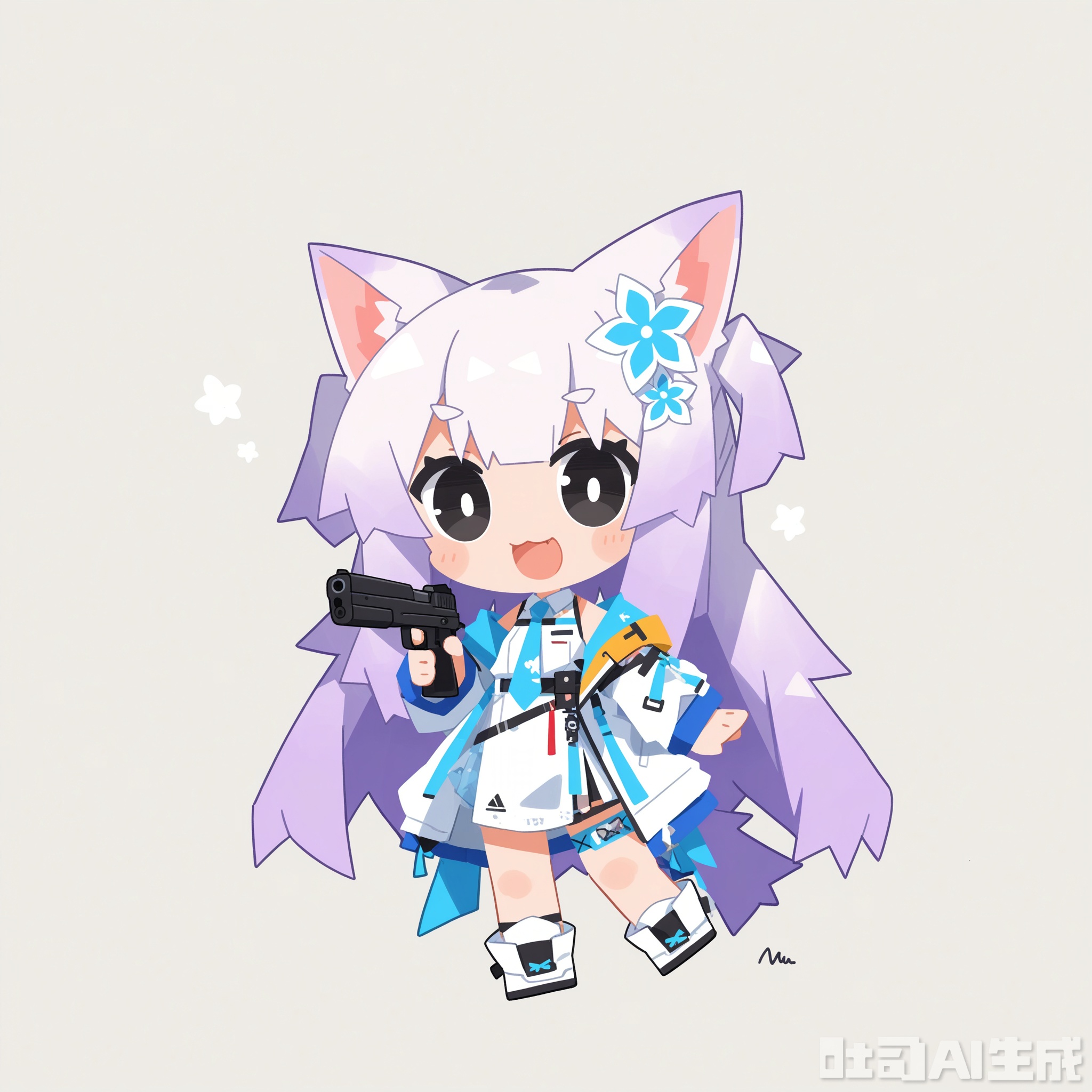 White background, white theme, solo, whole body:1.2,
／/
(chibi:1.1) ,:d,//artist:chujiujiu:1.4,//
／/
Stretch out your arms,open your hands
／/

Long hair, multiple girls, simple background, purple hair, hair ornament, white background, holding, 2 girls, animal ears, closed eyes, black eyes, weapon, flower, white hair, colorful hair, tie, cat ears, hair flower, chibi, holding weapon, two-color hair, gun,:3, cat girl, holding a gun
