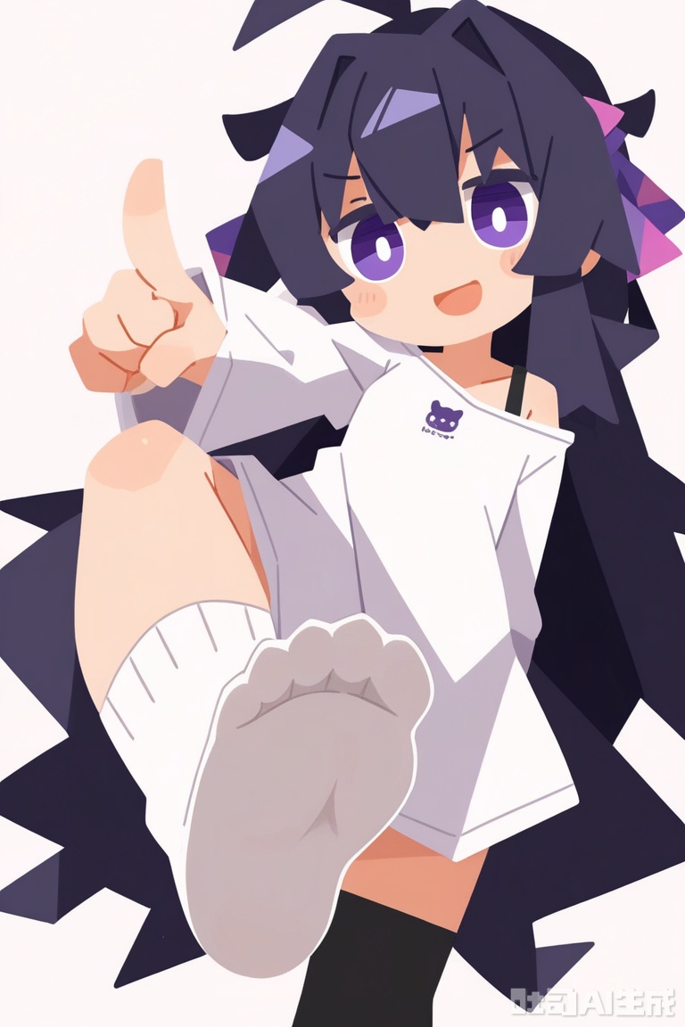 White background, white theme, solo, whole body,
／/
(chibi:1.1) ,:d,//artist:chujiujiu:1.4,//
／/
Stretch out your arms,open your hands
／/
／／
1girl,(solo),standing,look at viewer,face to viewer,looking down,black_hair,very_long_hair,violet_eyes,messy_hair,hair_ribbon,violet_ribbon,white_shirt,white_socks,(soles),one_leg_up,flat_chest,off_shoulder,stepping,foot_down,(disgusted expression),disdainful,hands,simple background