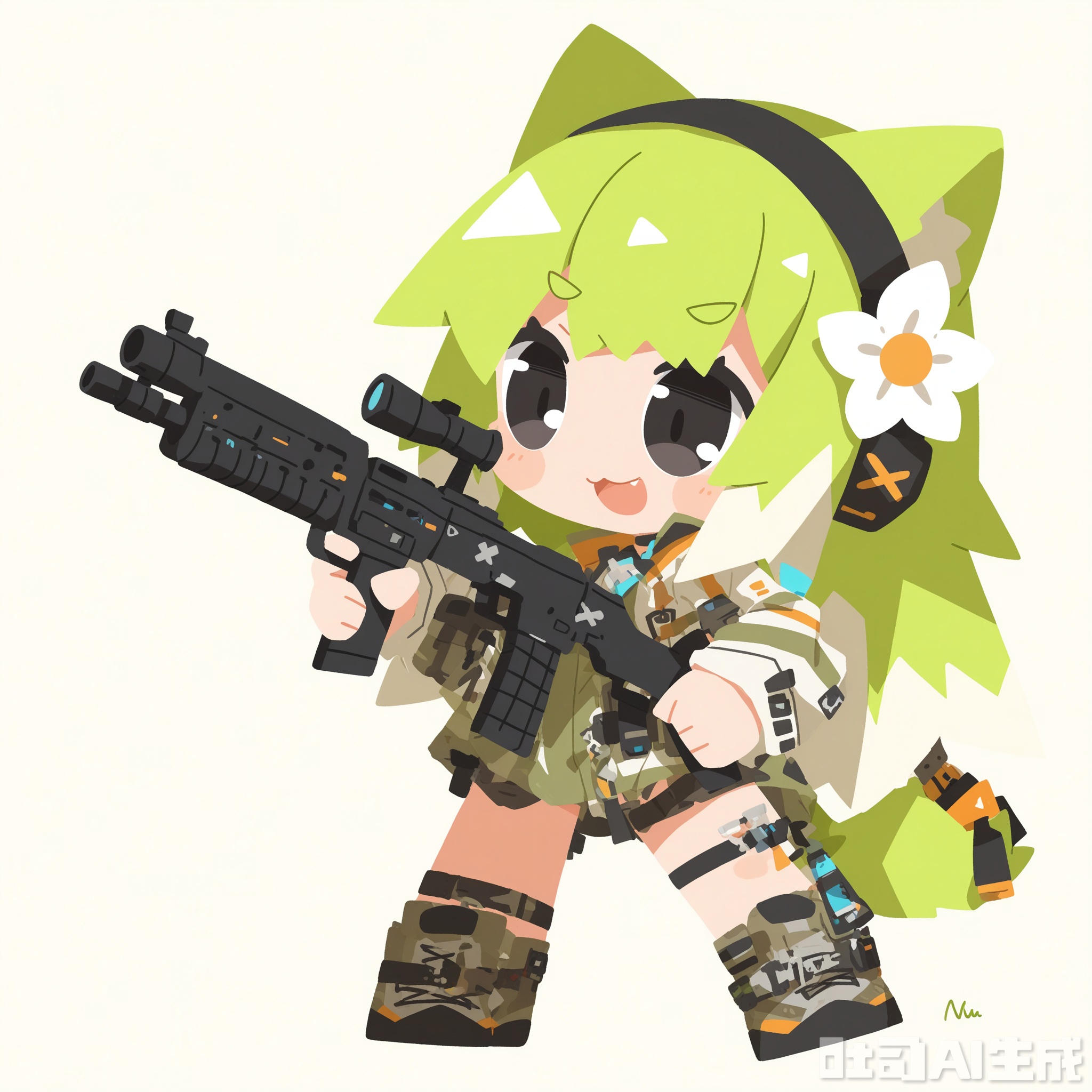 White background, white theme, solo, whole body,
／/
(chibi:1.1) ,:d,//artist:chujiujiu:1.4,//
／/
Stretch out your arms,open your hands
／/

Long hair, multiple girls, simple background, green hair, hair ornament, white background, holding, 2 girls, animal ears, closed eyes, black eyes, weapon, flower, white hair, colorful hair, tie, cat ears, hair flower, chibi, holding a weapon, two-color hair, gun,:3, cat girl, holding a gun