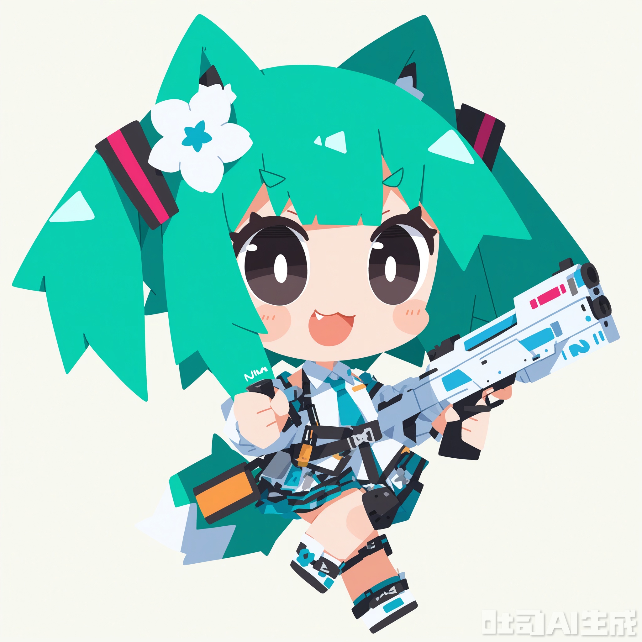 White background, white theme, solo, whole body,
／/
(chibi:1.1) ,:d,//artist:chujiujiu:1.4,//
／/
Stretch out your arms,open your hands
／/

Long hair, multiple girls, simple background, green hair, hair ornament, white background, holding, 2 girls, animal ears, closed eyes, black eyes, weapon, flower, white hair, colorful hair, tie, cat ears, hair flower, chibi, holding a weapon, two-color hair, gun,:3, cat girl, holding a gun