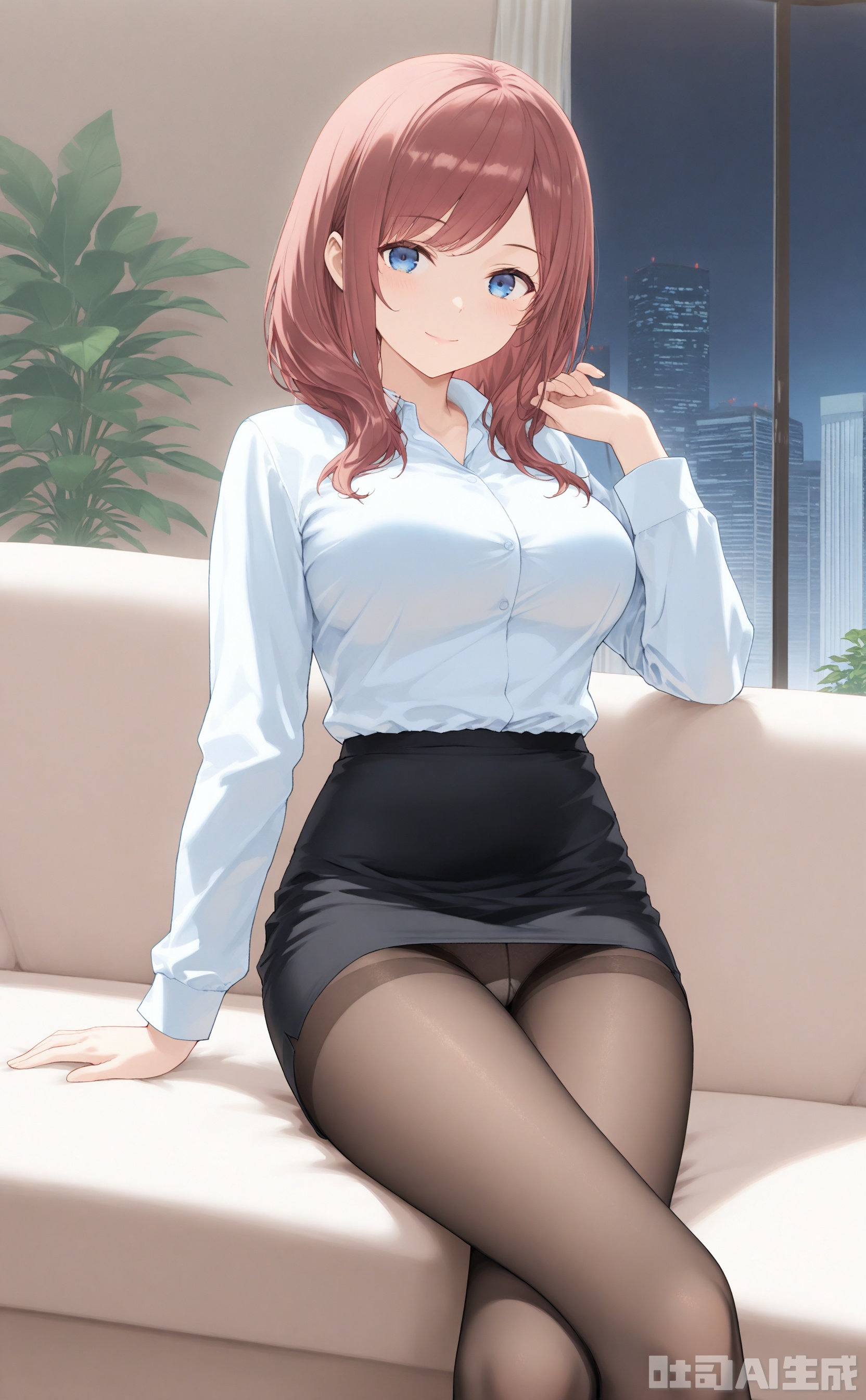 1girl, solo, long hair, breasts, looking at viewer, smile, bangs, blue eyes, skirt, large breasts, brown hair, shirt, long sleeves, medium breasts, sitting, closed mouth, underwear, panties, white shirt, pantyhose, red hair, collared shirt, indoors, hand up, miniskirt, black skirt, black pantyhose, window, dress shirt, feet out of frame, arm support, crossed legs, plant, couch, pencil skirt, panties under pantyhose, thighband pantyhose, brown pantyhose, potted plant, office lady, on couch, nakano miku