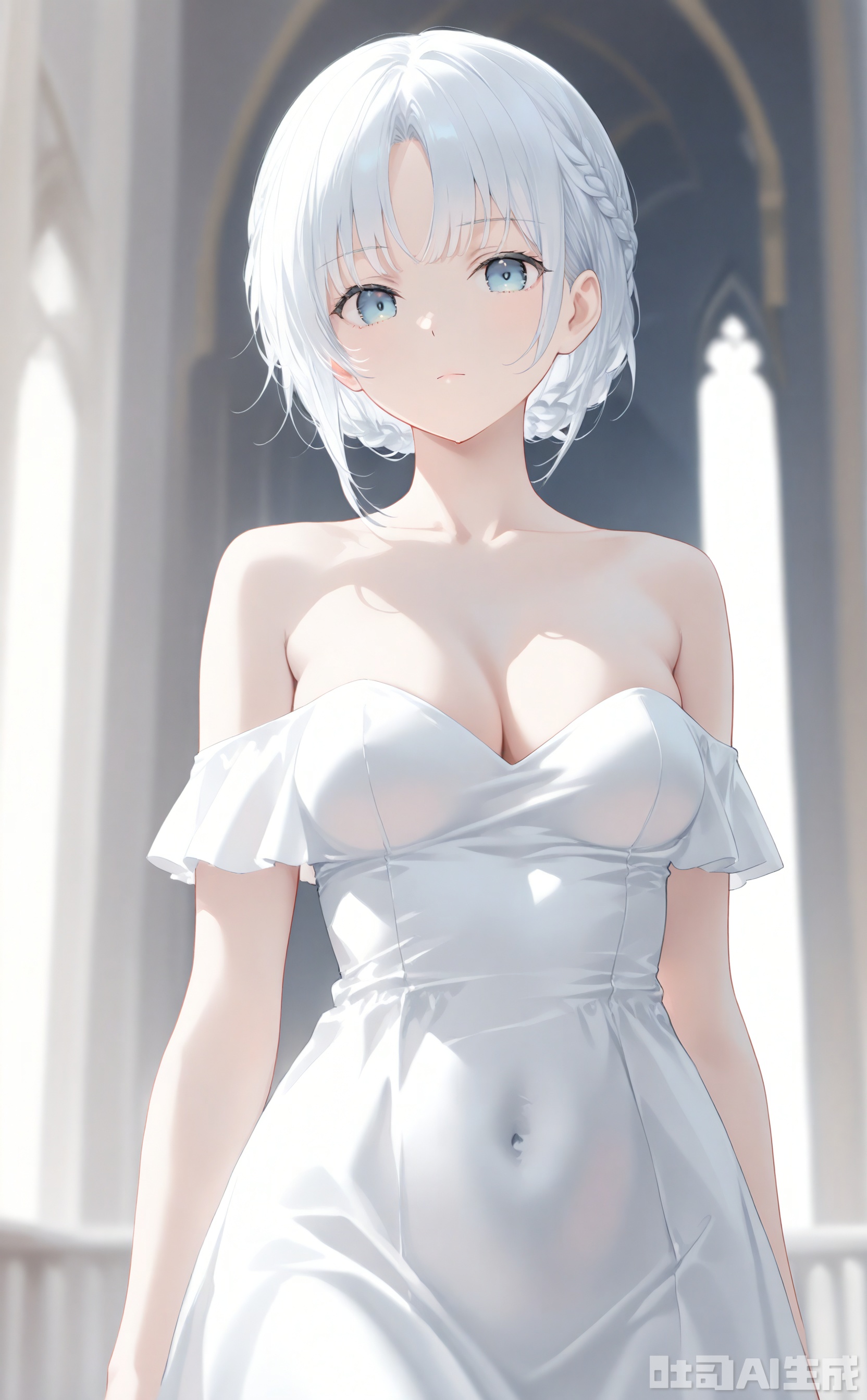 1girl, solo, breasts, looking at viewer, short hair, bangs, blue eyes, dress, cleavage, bare shoulders, medium breasts, closed mouth, collarbone, braid, white hair, white dress, strapless, covered navel, strapless dress, french braid, off-shoulder dress