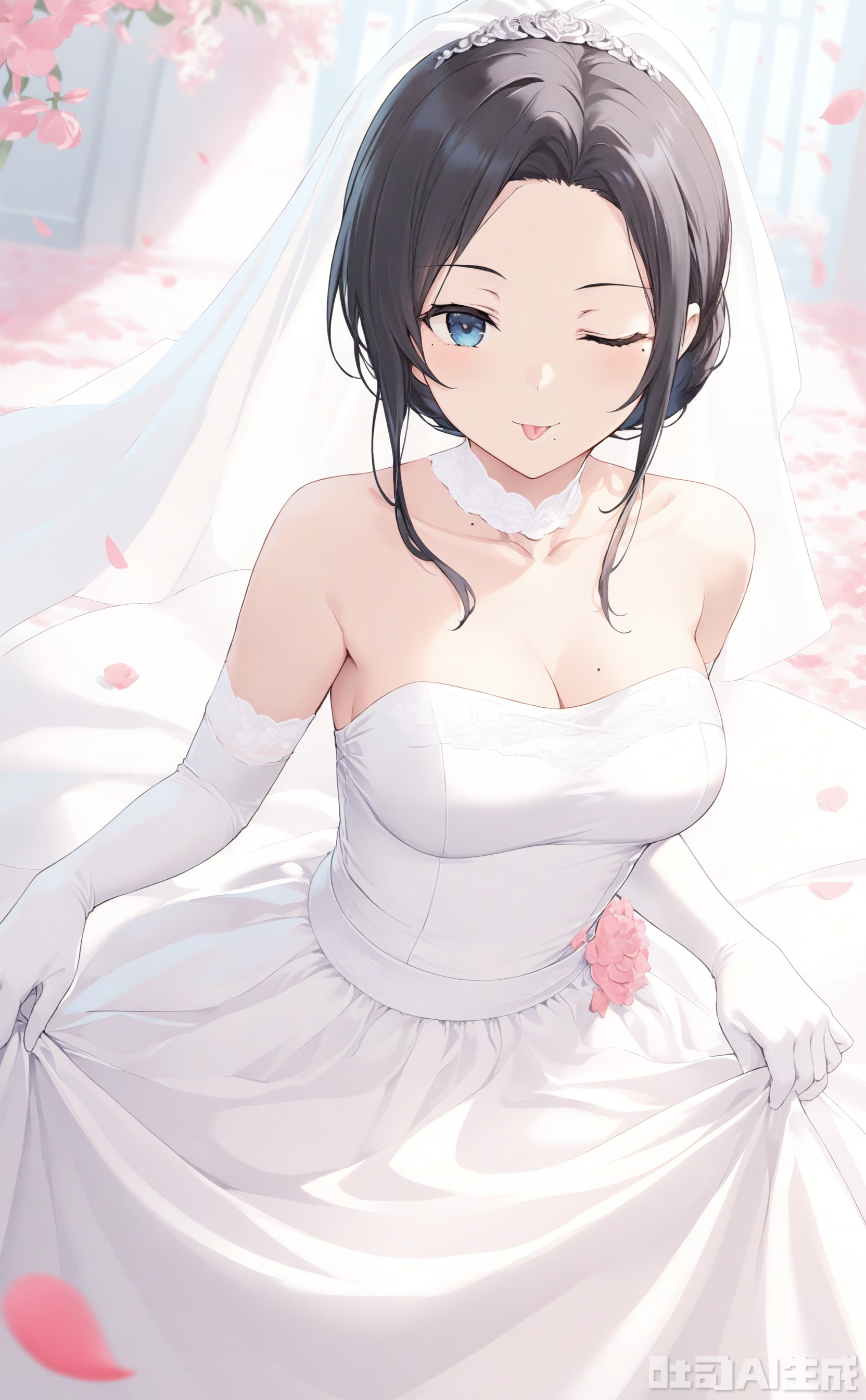 1girl, solo, looking at viewer, smile, blue eyes, black hair, gloves, dress, bare shoulders, collarbone, flower, one eye closed, tongue, elbow gloves, white gloves, tongue out, white dress, mole, petals, veil, wedding dress, skirt hold, bridal veil, ;p