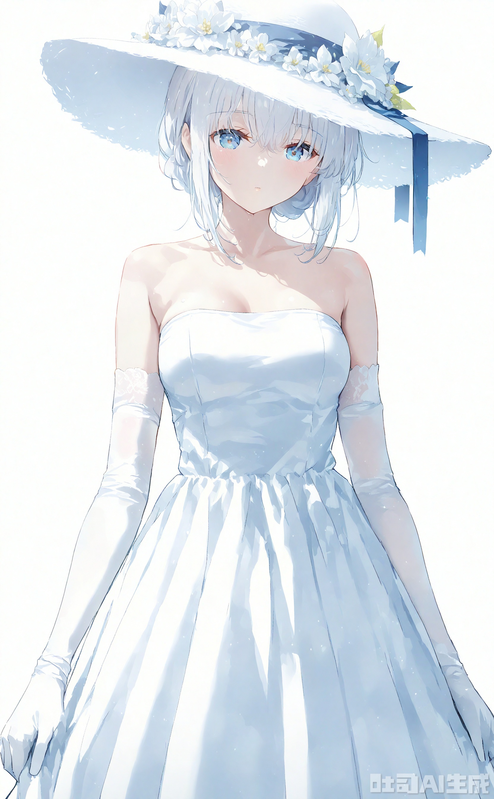 1girl, solo, breasts, looking at viewer, short hair, blue eyes, simple background, gloves, hat, white background, dress, bare shoulders, collarbone, flower, elbow gloves, white gloves, white dress, strapless, sun hat, hat flower