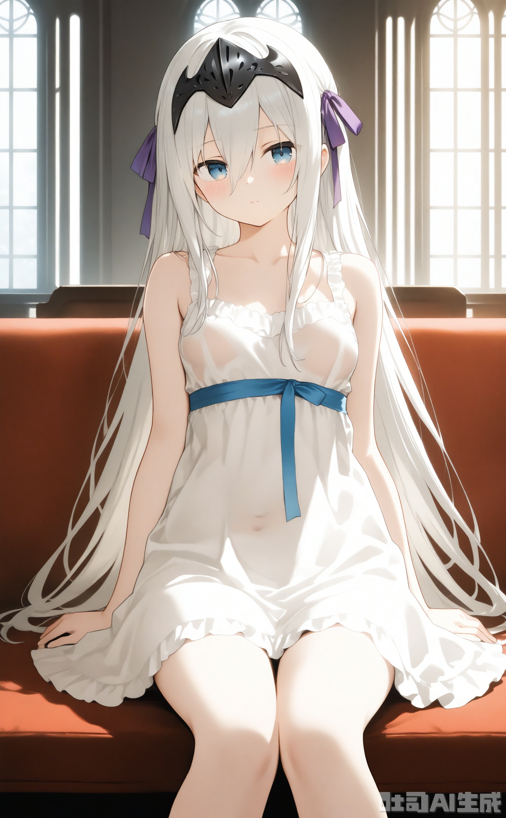 1girl, solo, long hair, breasts, looking at viewer, blush, bangs, blue eyes, dress, ribbon, hair between eyes, bare shoulders, sitting, very long hair, closed mouth, underwear, collarbone, hair ribbon, small breasts, frills, sleeveless, indoors, see-through, bare arms, window, sleeveless dress, feet out of frame, helmet, blue ribbon, backlighting, headpiece, purple ribbon