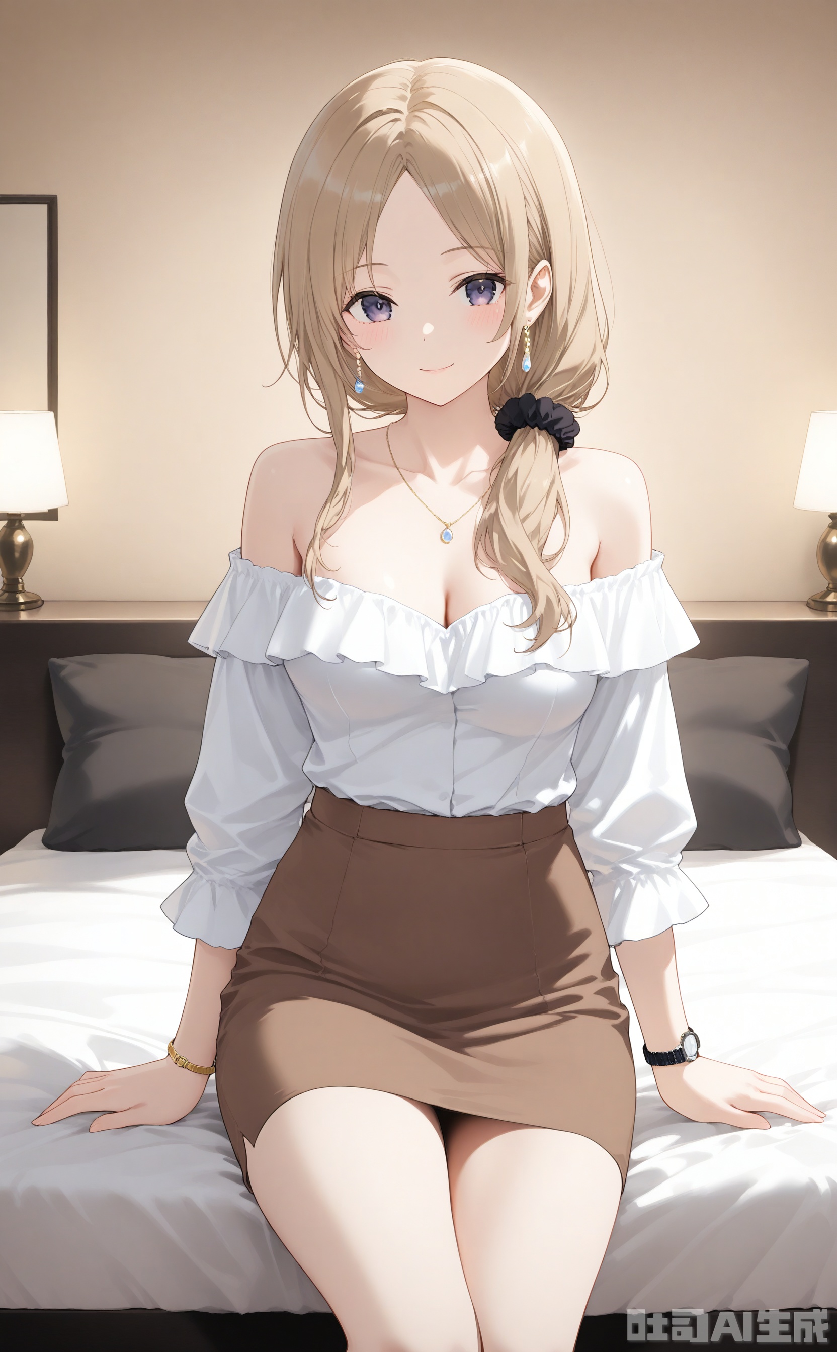 1girl, solo, long hair, breasts, looking at viewer, blush, smile, bangs, skirt, blonde hair, brown hair, shirt, hair ornament, long sleeves, cleavage, bare shoulders, jewelry, medium breasts, sitting, closed mouth, purple eyes, collarbone, white shirt, thighs, earrings, indoors, miniskirt, necklace, off shoulder, bracelet, parted bangs, pillow, bed, on bed, scrunchie, blouse, hair over shoulder, hair scrunchie, pencil skirt, watch, brown skirt, off-shoulder shirt, wristwatch, lamp
