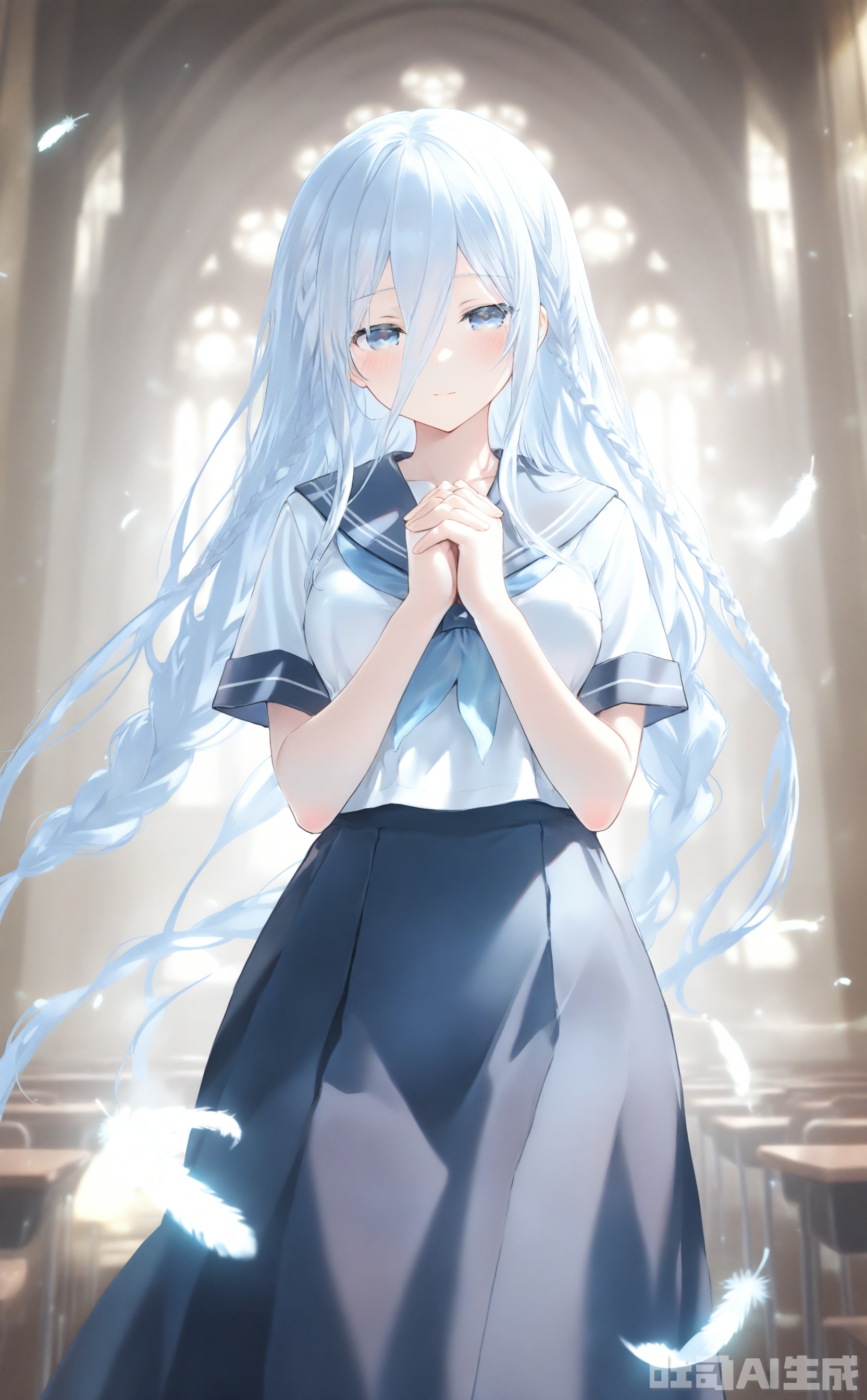 1girl, solo, long hair, blush, blue eyes, skirt, very long hair, school uniform, blue hair, braid, white hair, serafuku, twin braids, own hands together, feathers, own hands clasped