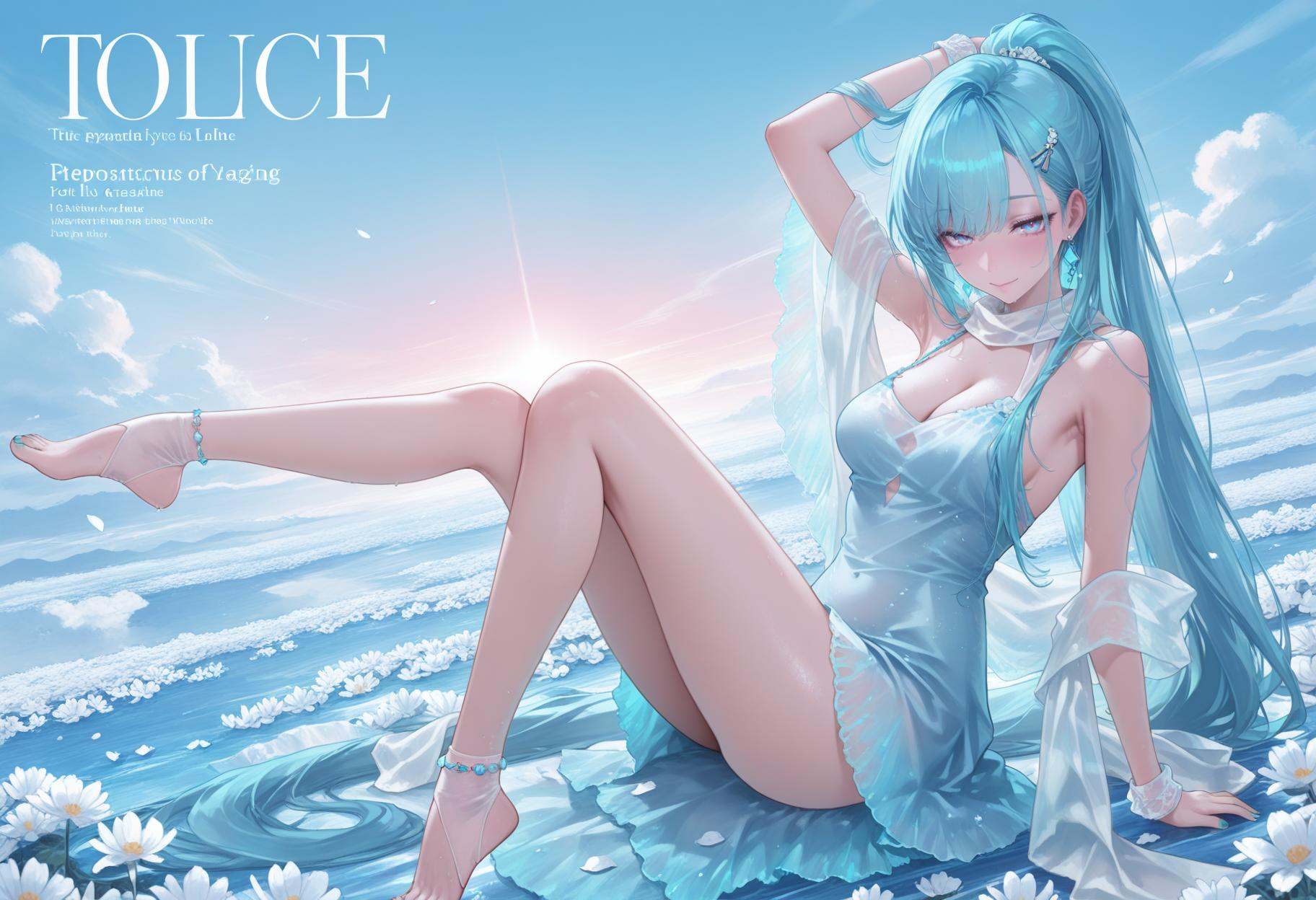 portrait,Cirrocumulus,Cirrostratus,sky,wind,petals,white flowers,magazine cover,backlighting,text,masterpiece,best quality,amazing quality,very awa,newest,very aesthetic,<lora:L.L:1>,L.L,absurdly long hair,aqua hair,blue and pink eyes,blue hair,hair behind ear,ponytail,anklet,aqua nails,bare shoulders,cleavage,earrings,hair ornament,hairclip,jewelry,see-through,scarf,shawl,toeless legwear,toenail polish,white and blue dress,looking_at_viewer,seductive_smile,dynamic_angle,armpits,stretch,detailed eyes,detailed hands,detailed feet,detailed face,
