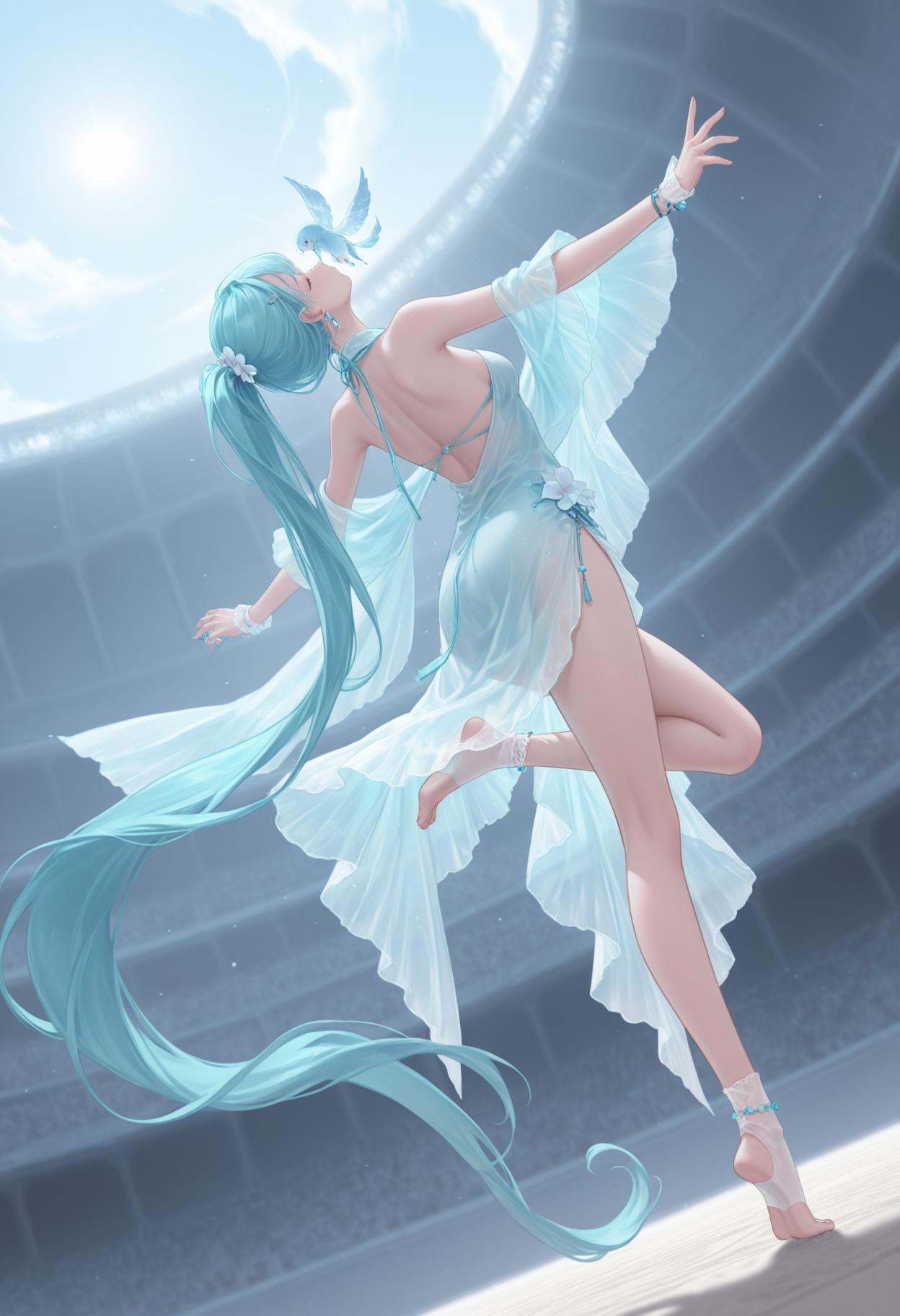 (1girl:1.1),(solo:1.1),<lora:L.L:0.8>,L.L,absurdly long hair,aqua hair,ponytail,anklet,earrings,jewelry,see-through,toeless legwear,highres,masterpiece,detailed background,detailed clothes,drop_shadow,light particle,from_below,dutch angle,(standing_on_one_leg:1.3),(leg_up:1.4),(spread_arms:1.3),(from_back:1.4),(colosseum:1.1),(hpflower:1.2),tiptoe kiss,day,cirrus,