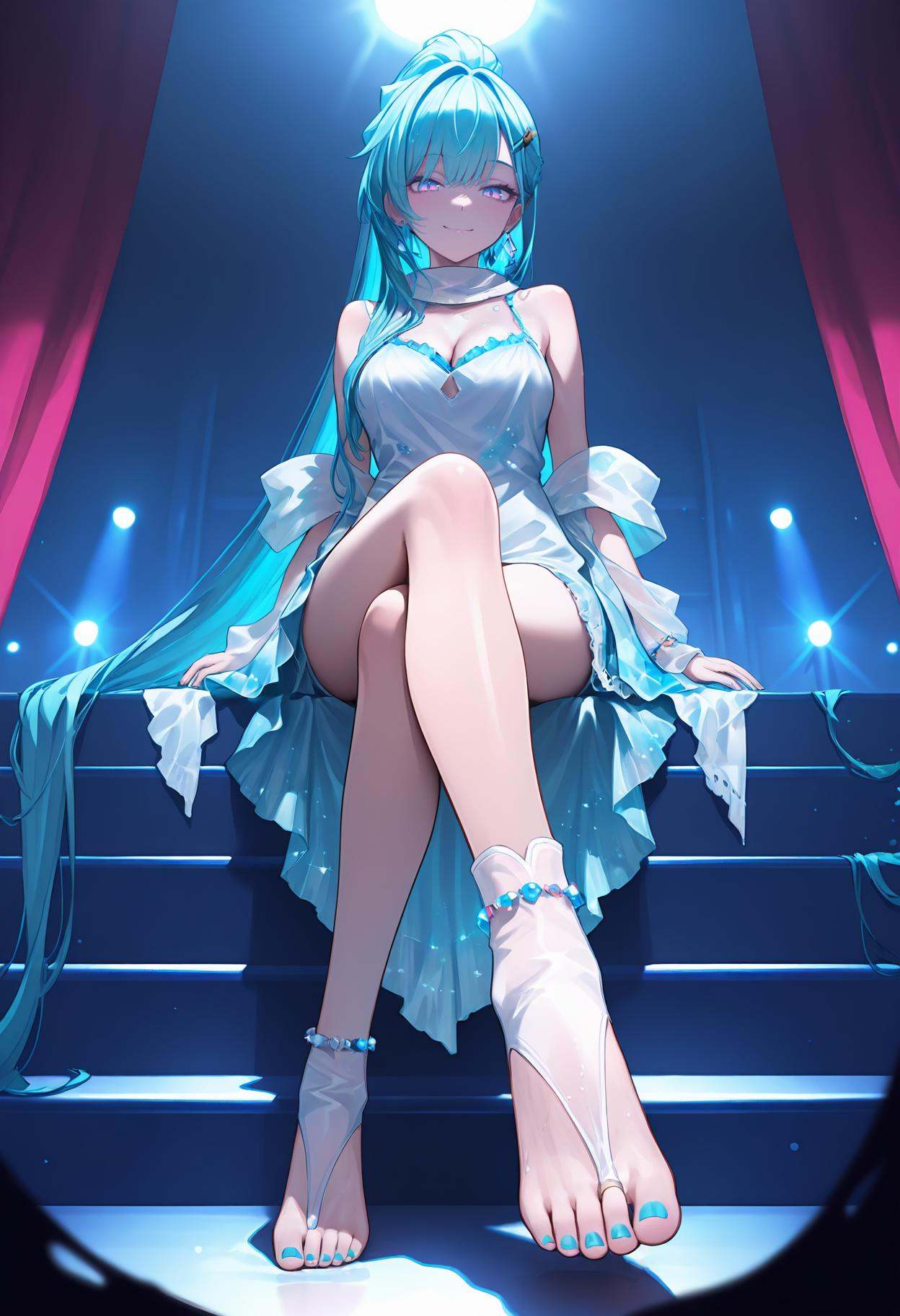 masterpiece,best quality,ultra-detailed,very aesthetic,sharp focus,vibrant colors,ray tracing,best lighting,detailed illustration,detailed background,light,vibrant colors,glow,looking_down,from_below,sit on the edge of the stage,stage,concert,sound,voicevox,red curtain,soft shadows,soft natural lighting,dramatic lighting,rich tones,low angle,gradient,looking_at_viewer,smile,(darkness:1.5),(foot focus:1.1),front view,crossed_legs,absurdly long hair,aqua hair,blue and pink eyes,blue hair,hair behind ear,ponytail,<lora:L.L:1>,anklet,aqua nails,bare shoulders,cleavage,earrings,hair ornament,hairclip,jewelry,see-through,scarf,shawl,toeless legwear,toenail polish,white and blue dress,