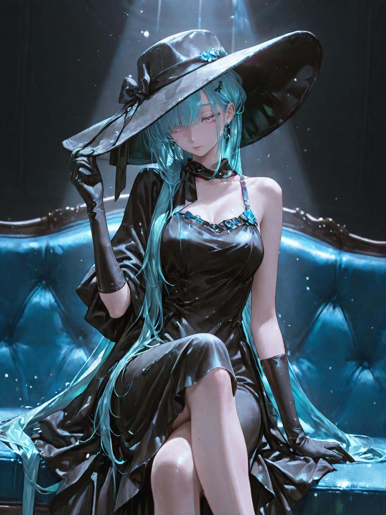 solo,1girl,hat over eyes,wide brim hat,black hat,floppy hat,black ribbon bow,elegant dress,black dress,single strap clothing,black gloves,elbow gloves,elegant pose,tilted head,looking down,graceful pose,high class fashion,sitting on couch,victorian furniture,hand on hat,crossed legs,dynamic angle,dark background,high contrast,spotlight effect,cinematic lighting,masterpiece,best quality,good quality,very awa,newest,highres,absurdres,<lora:L.L>,absurdly long hair,aqua hair,blue and pink eyes,blue hair,hair behind ear,ponytail,
