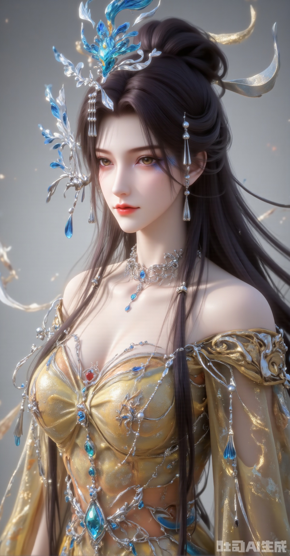 "An elegant and classical Eastern woman with long black hair styled in an intricate updo, adorned with a blue phoenix headpiece, silver ribbons, pearls, and tassels. Her delicate facial features and subtle makeup enhance her refined beauty. She wears an opulent yellow embroidered robe with elaborate golden patterns and inlaid blue gemstones. Multiple layers of pearl and gemstone necklaces grace her neck. The soft, hazy gray background highlights her upper body, evoking a traditional aesthetic. Highly detailed, 8K resolution, with a refined brushwork-like texture."
