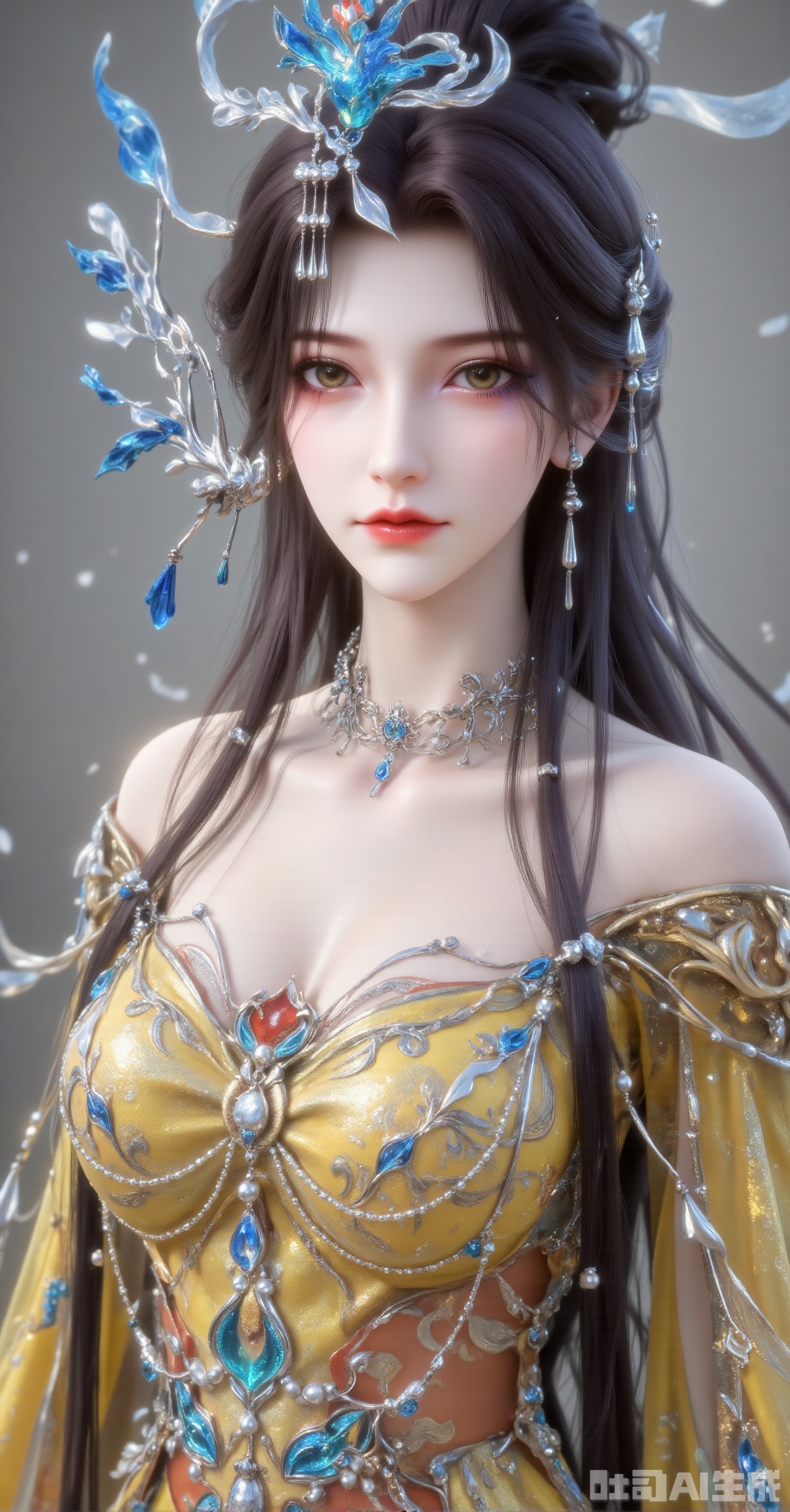 "An elegant and classical Eastern woman with long black hair styled in an intricate updo, adorned with a blue phoenix headpiece, silver ribbons, pearls, and tassels. Her delicate facial features and subtle makeup enhance her refined beauty. She wears an opulent yellow embroidered robe with elaborate golden patterns and inlaid blue gemstones. Multiple layers of pearl and gemstone necklaces grace her neck. The soft, hazy gray background highlights her upper body, evoking a traditional aesthetic. Highly detailed, 8K resolution, with a refined brushwork-like texture."