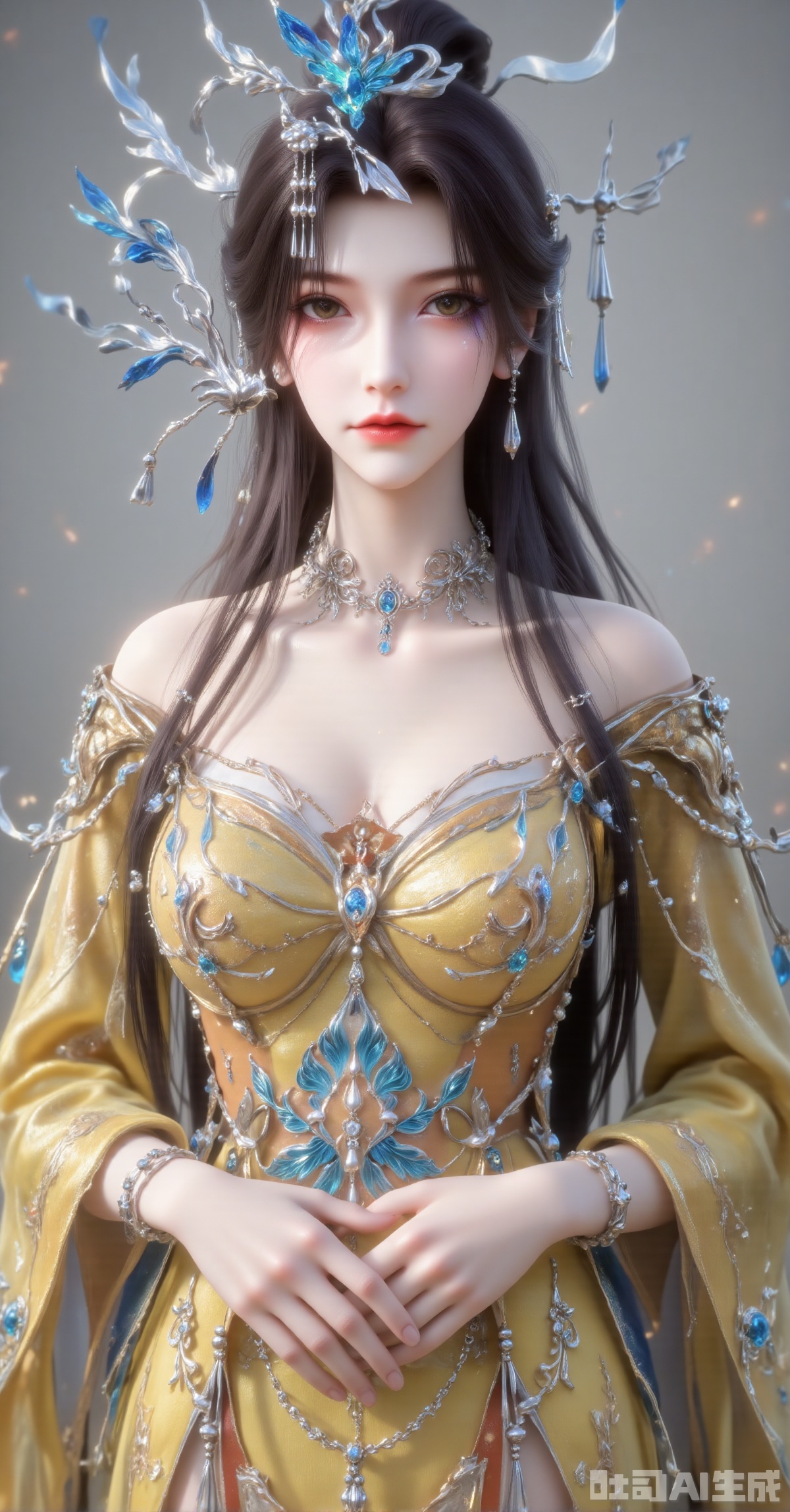 "An elegant and classical Eastern woman with long black hair styled in an intricate updo, adorned with a blue phoenix headpiece, silver ribbons, pearls, and tassels. Her delicate facial features and subtle makeup enhance her refined beauty. She wears an opulent yellow embroidered robe with elaborate golden patterns and inlaid blue gemstones. Multiple layers of pearl and gemstone necklaces grace her neck. The soft, hazy gray background highlights her upper body, evoking a traditional aesthetic. Highly detailed, 8K resolution, with a refined brushwork-like texture."