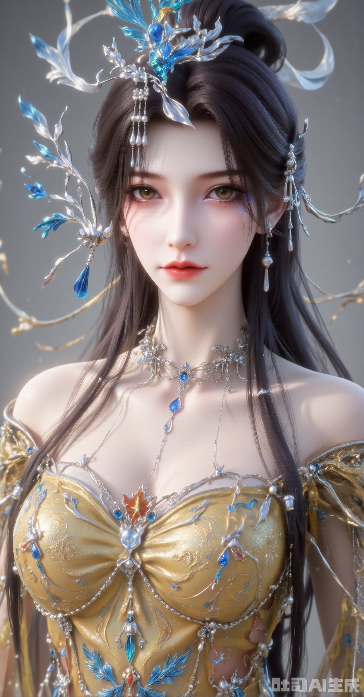 "An elegant and classical Eastern woman with long black hair styled in an intricate updo, adorned with a blue phoenix headpiece, silver ribbons, pearls, and tassels. Her delicate facial features and subtle makeup enhance her refined beauty. She wears an opulent yellow embroidered robe with elaborate golden patterns and inlaid blue gemstones. Multiple layers of pearl and gemstone necklaces grace her neck. The soft, hazy gray background highlights her upper body, evoking a traditional aesthetic. Highly detailed, 8K resolution, with a refined brushwork-like texture."