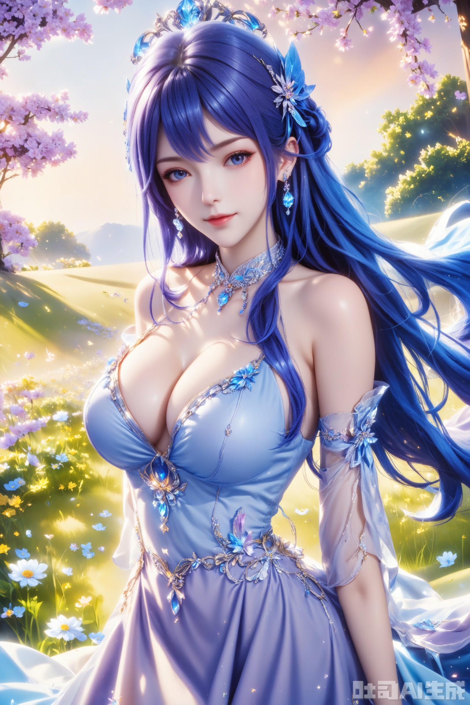 score_9,score_8_up,1girl, solo, long hair, breasts, looking at viewer, blue eyes, large breasts, hair ornament, dress, cleavage, bare shoulders, jewelry, blue hair, earrings, detached sleeves,white dress,  blue dress,The Purple Dress,Purple hair,masterpiece,best quality,official art,extremely detailed CG unity 8k wallpaper,upper body,looking at viewer,in a meadow,in a meadow,
