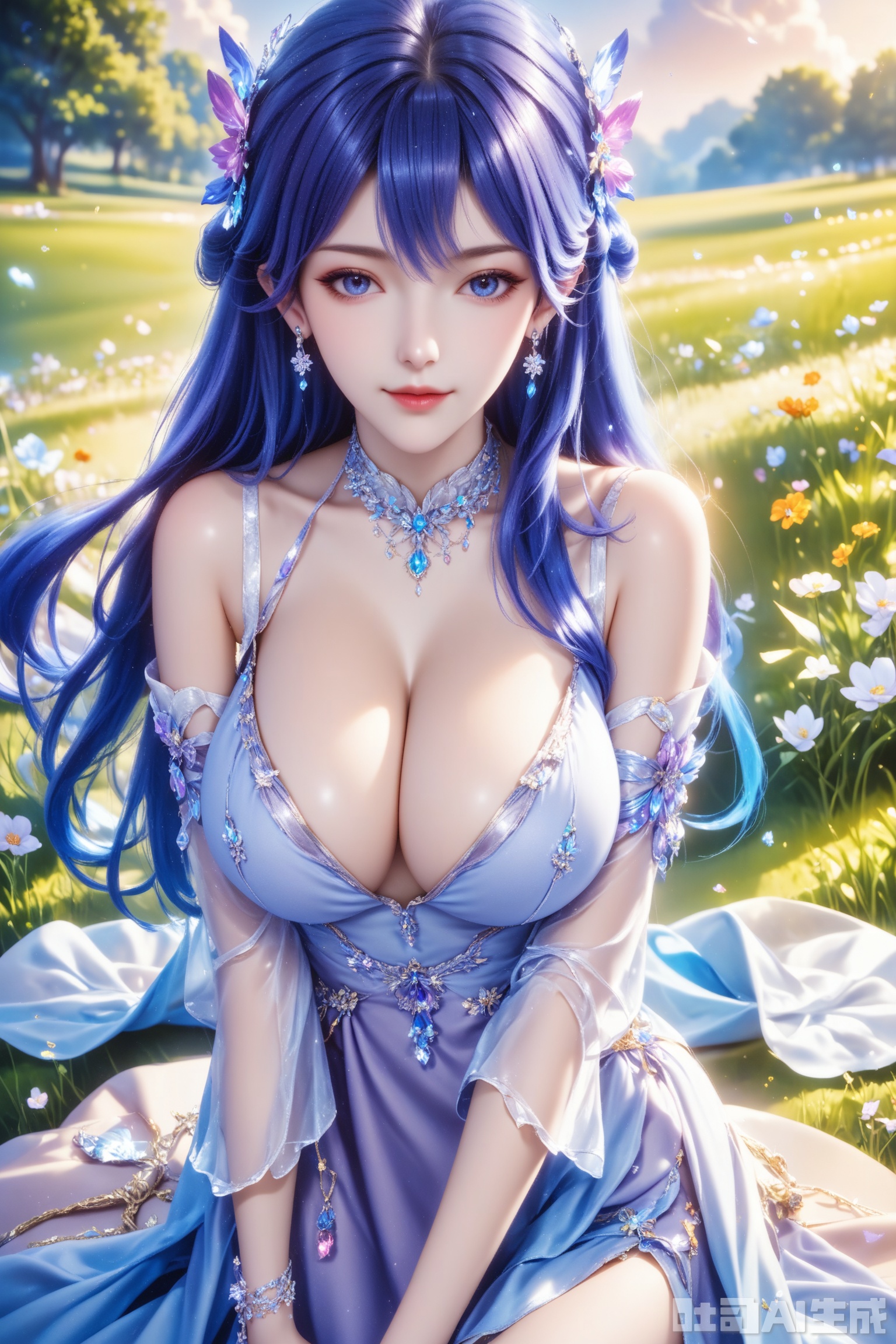 score_9,score_8_up,1girl, solo, long hair, breasts, looking at viewer, blue eyes, large breasts, hair ornament, dress, cleavage, bare shoulders, jewelry, blue hair, earrings, detached sleeves,white dress,  blue dress,The Purple Dress,Purple hair,masterpiece,best quality,official art,extremely detailed CG unity 8k wallpaper,upper body,looking at viewer,in a meadow,in a meadow,