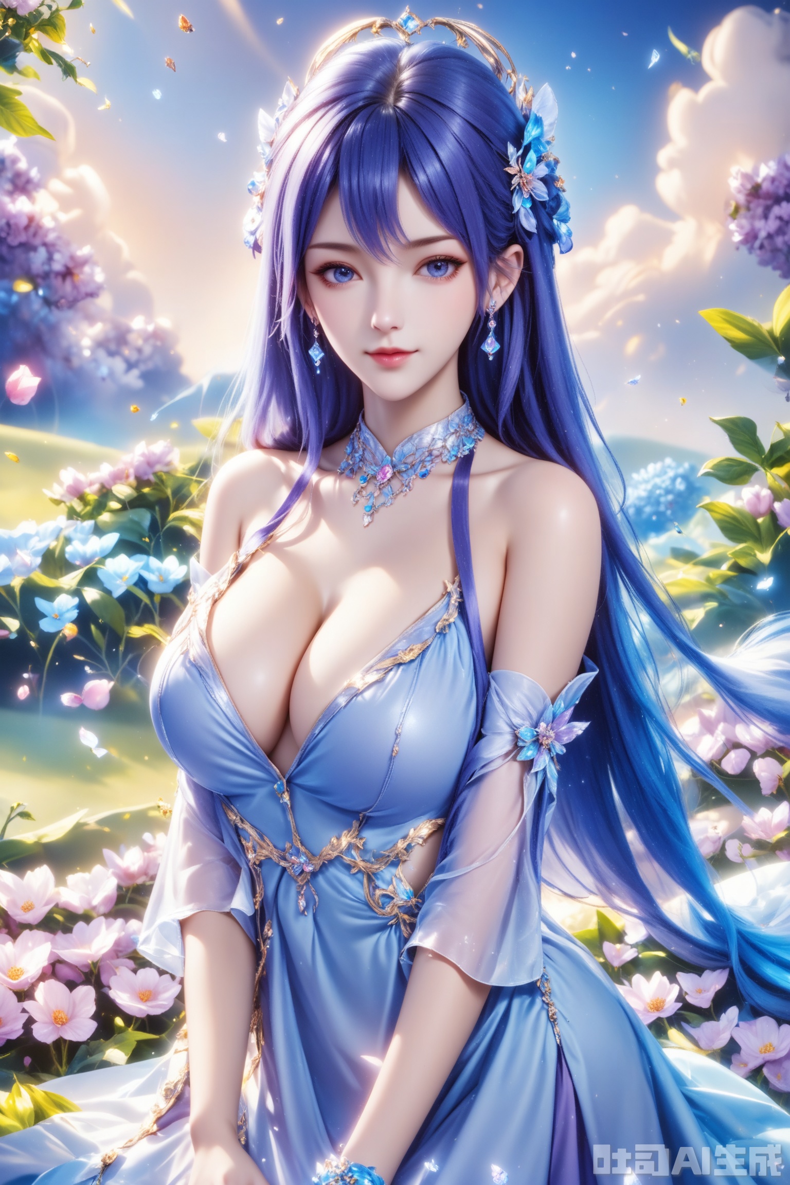 score_9,score_8_up,1girl, solo, long hair, breasts, looking at viewer, blue eyes, large breasts, hair ornament, dress, cleavage, bare shoulders, jewelry, blue hair, earrings, detached sleeves,white dress,  blue dress,The Purple Dress,Purple hair,masterpiece,best quality,official art,extremely detailed CG unity 8k wallpaper,upper body,looking at viewer,in a meadow,in a meadow,