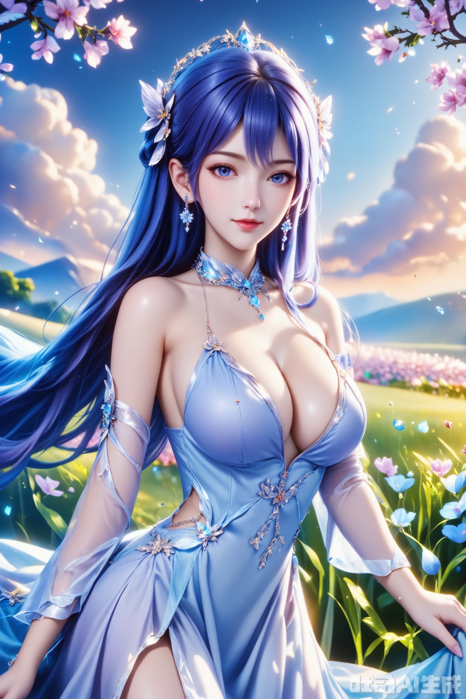 score_9,score_8_up,1girl, solo, long hair, breasts, looking at viewer, blue eyes, large breasts, hair ornament, dress, cleavage, bare shoulders, jewelry, blue hair, earrings, detached sleeves,white dress,  blue dress,The Purple Dress,Purple hair,masterpiece,best quality,official art,extremely detailed CG unity 8k wallpaper,upper body,looking at viewer,in a meadow,in a meadow,
