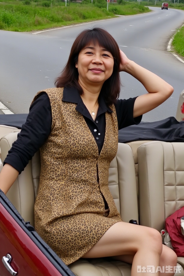 In the picture, an aisa woman is wearing a leopard element dress, lying half of the convertible of a car, and one hand lifts behind her head, and her posture is relaxed and comfortable. Her leg lines are revealed, the background can see roads and green belts, and the overall atmosphere is casual.