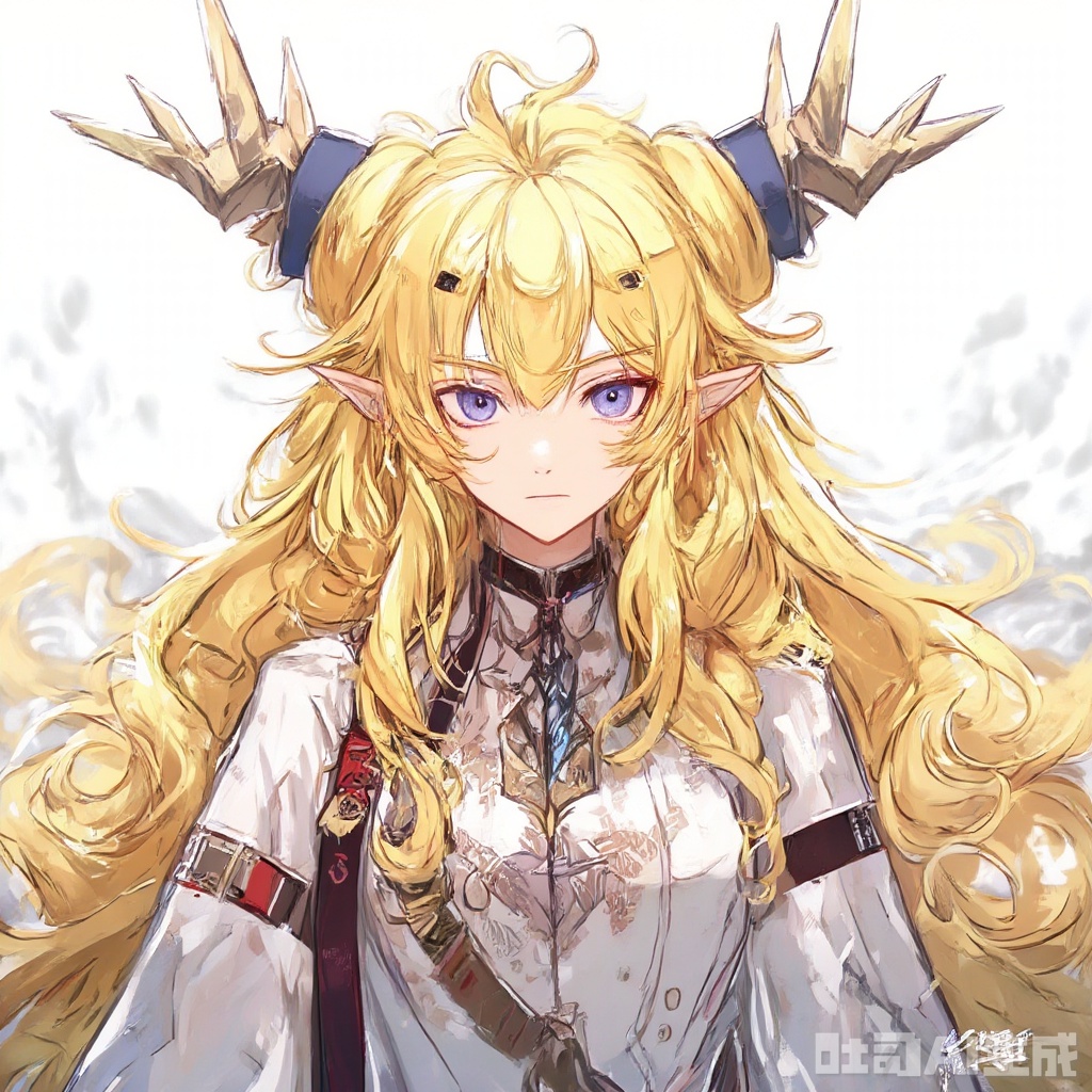 masterpiece, best quality,solo,((white background:1.2)),simple background,
looking at viewer,leizi\(arknights\),pointy_ears,hair_between_eyes,blonde_hair,messy_hair,breasts,bangs,purple eyes,very long hair,dragon horns,antlers,dragon tail