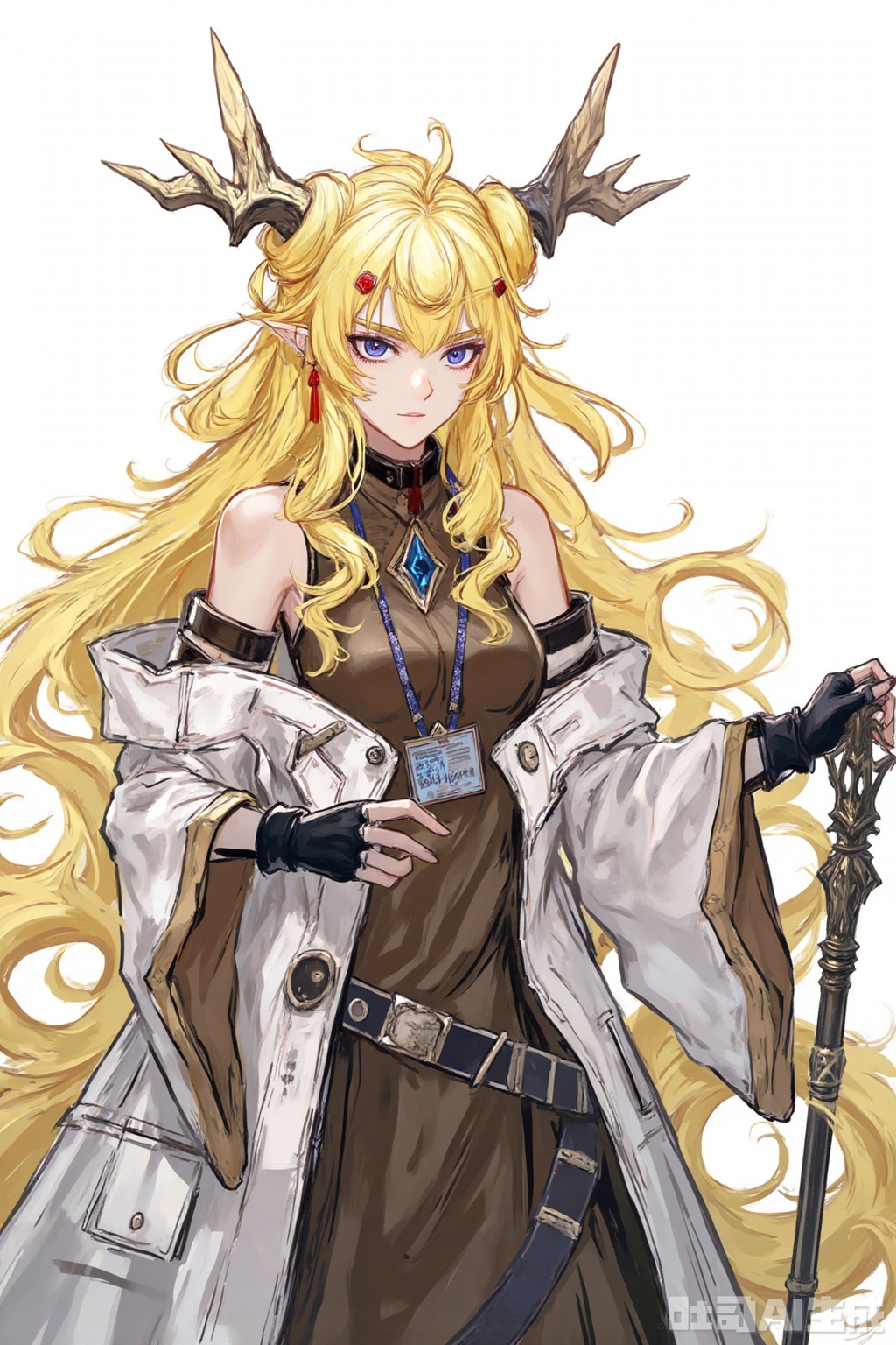 masterpiece, best quality,solo,((white background:1.2)),simple background,
looking at viewer,leizi\(arknights\),pointy_ears,hair_between_eyes,blonde_hair,messy_hair,breasts,bangs,purple eyes,very long hair,dragon horns,antlers,dragon tail
clo_1,bare_shoulders,off_shoulder,open_clothes,hair_ornament,,black gloves,black pantyhose, sleeveless dress, white jacket,high heel boots, holding staff, white coat, id card