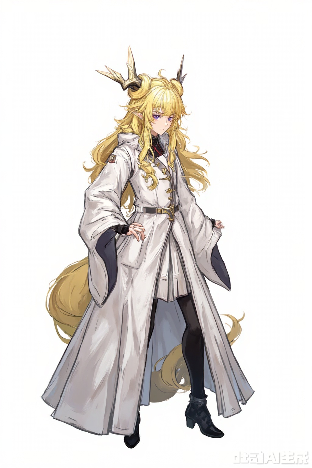 masterpiece, best quality,solo,((white background:1.2)),simple background,
looking at viewer,leizi\(arknights\),pointy_ears,hair_between_eyes,blonde_hair,messy_hair,breasts,bangs,purple eyes,very long hair,dragon horns,antlers,dragon tail
clo_4,Long robe,black thighhighs, wide sleeves, black footwear, white dress,