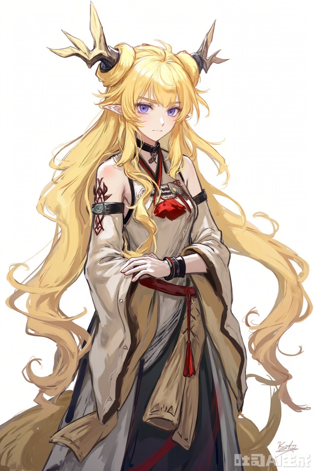 masterpiece, best quality,solo,((white background:1.2)),simple background,
looking at viewer,leizi\(arknights\),pointy_ears,hair_between_eyes,blonde_hair,messy_hair,breasts,bangs,purple eyes,very long hair,dragon horns,antlers,dragon tail
clo_3,hanfu,detached sleeves,belt,tassel,holding sword