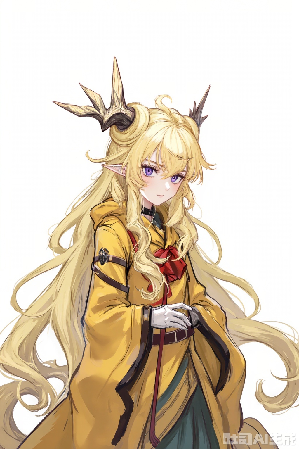 masterpiece, best quality,solo,((white background:1.2)),simple background,
looking at viewer,leizi\(arknights\),pointy_ears,hair_between_eyes,blonde_hair,messy_hair,breasts,bangs,purple eyes,very long hair,dragon horns,antlers,dragon tail