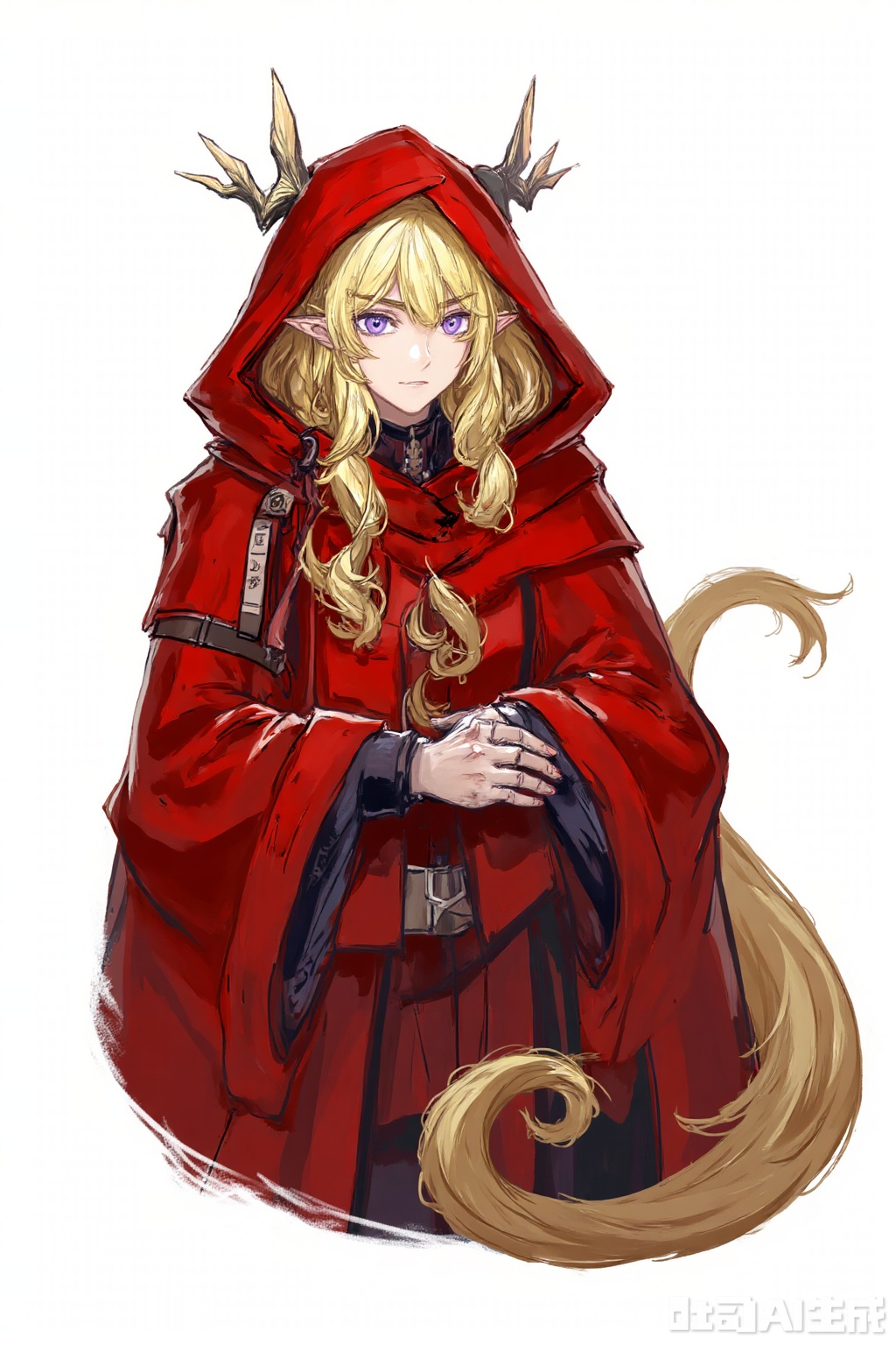 masterpiece, best quality,solo,((white background:1.2)),simple background,
looking at viewer,leizi\(arknights\),pointy_ears,hair_between_eyes,blonde_hair,messy_hair,breasts,bangs,purple eyes,very long hair,dragon horns,antlers,dragon tail
clo_2,alternate costume,hood,cloak,red cloak