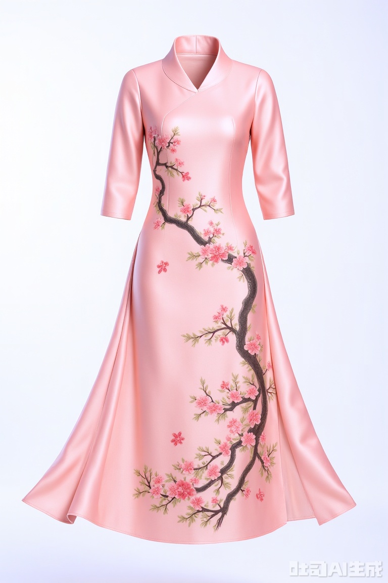 Pink dress,with traditional texture Chinese style ink painting of flowers and birds on the dress.,Invisible costume display