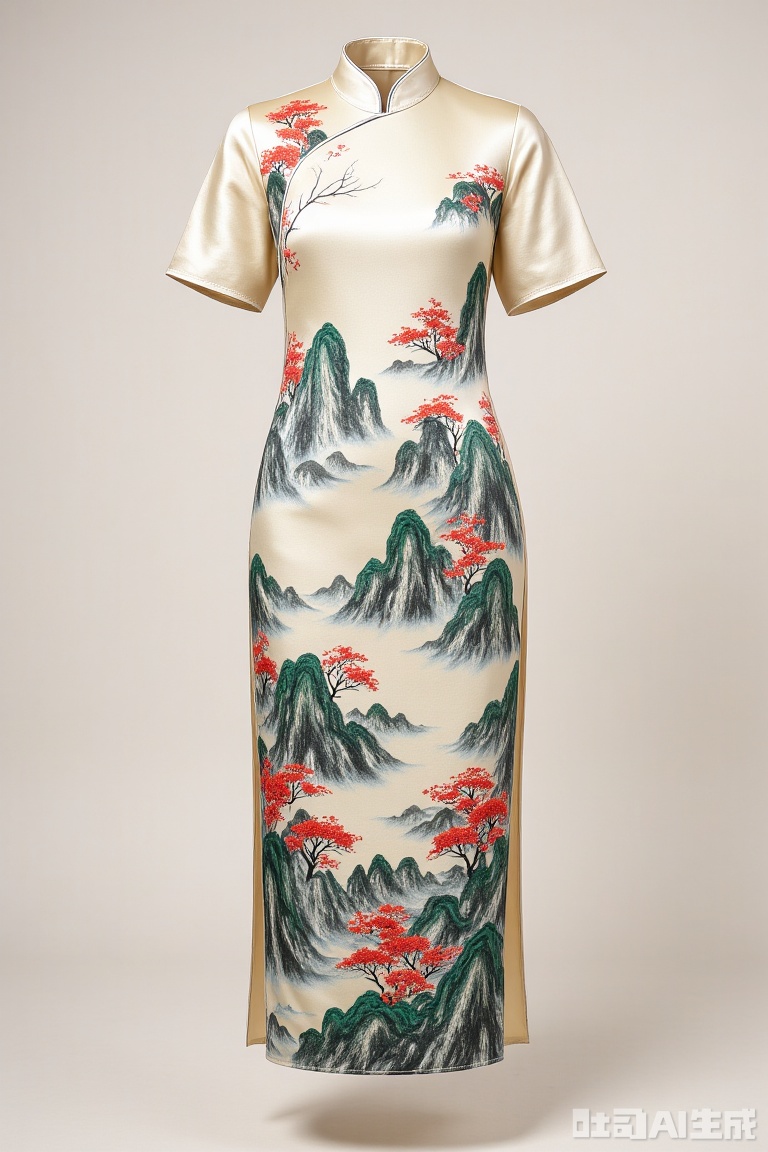 China dress,silk material,qipao with exquisite embroidery,painted with exquisite traditional Chinese ink paintings of landscapes.,.,Invisible costume display