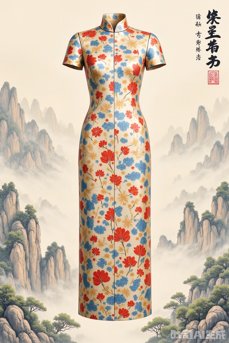 China dress,silk material,qipao with exquisite embroidery,painted with exquisite traditional Chinese ink paintings of landscapes.,.,Invisible costume display