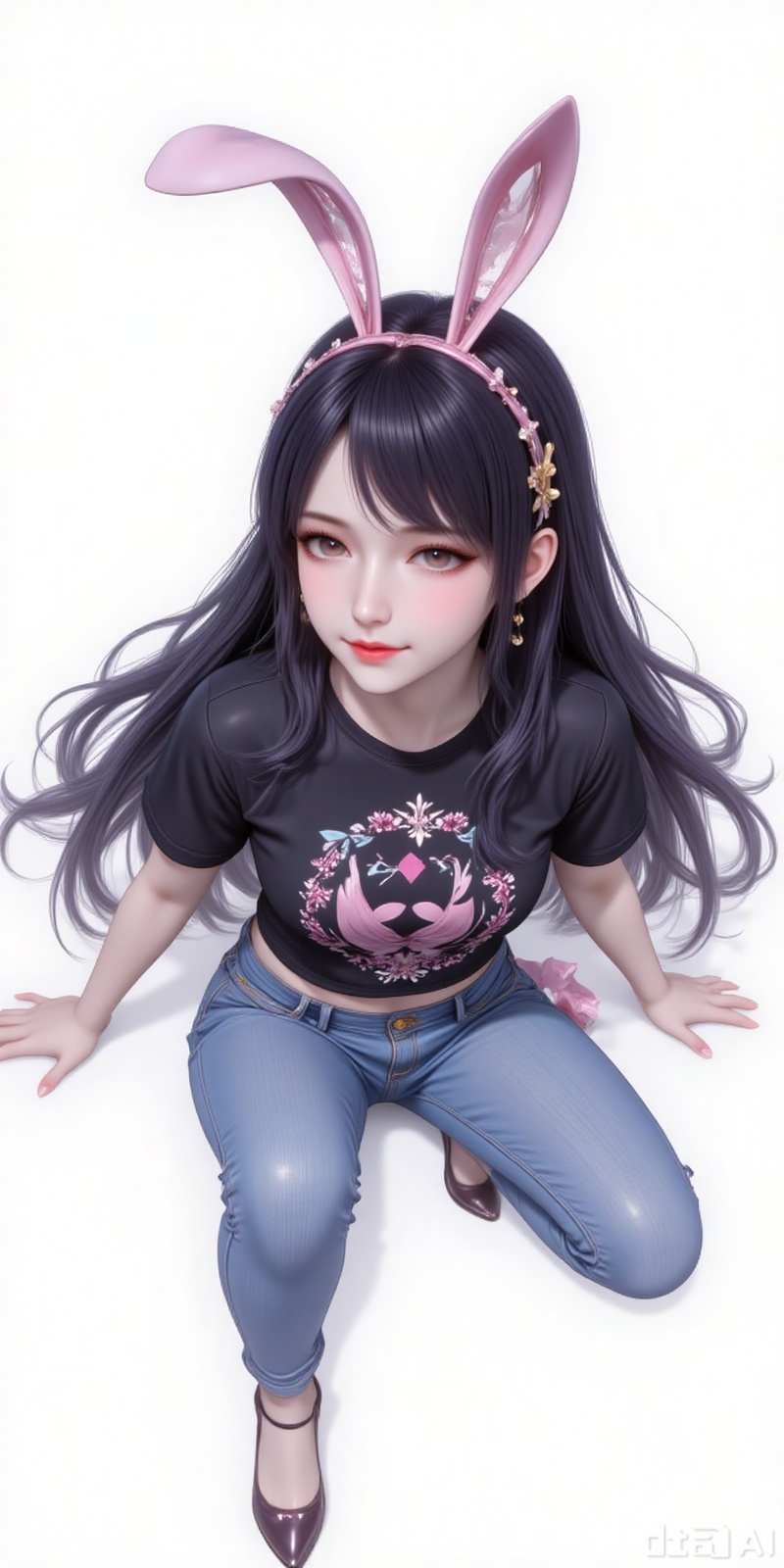 jiangnannan,black hair,long hair,wavy hair,very long hair,brown eyes,shiny_skin,rabbit ears headwear,lvjing,guanghuapifu,pifu,
crop_top,black shirt,print_shirt,jeans,high_heels,full body,sitting,(from_below:1.2),dutch angle,
white_background,simple background,

