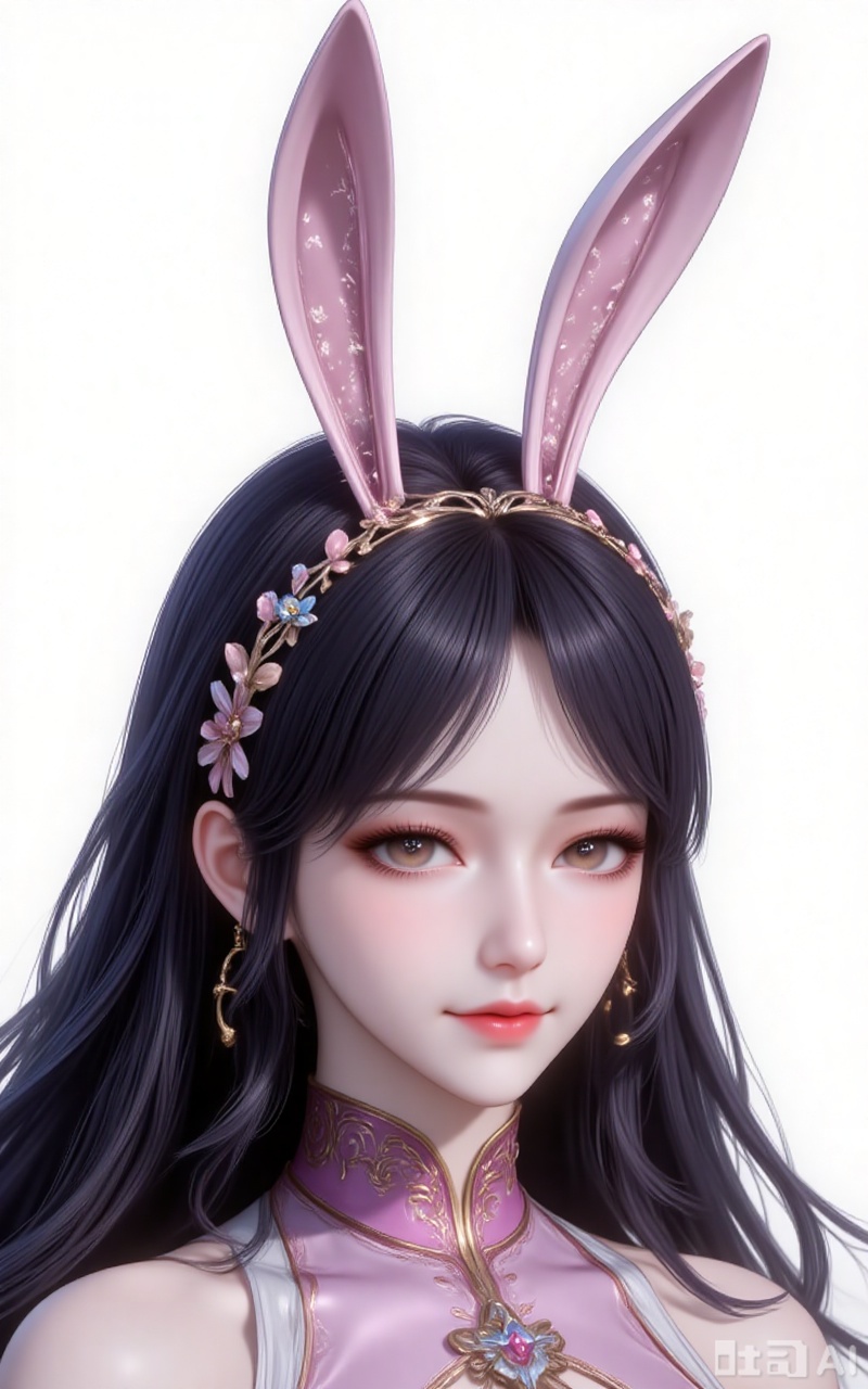 jiangnannan,black hair,long hair,wavy hair,very long hair,brown eyes,shiny_skin,rabbit ears headwear,lvjing,guanghuapifu,pifu,(portrait:1.1),
white_background,simple background,
