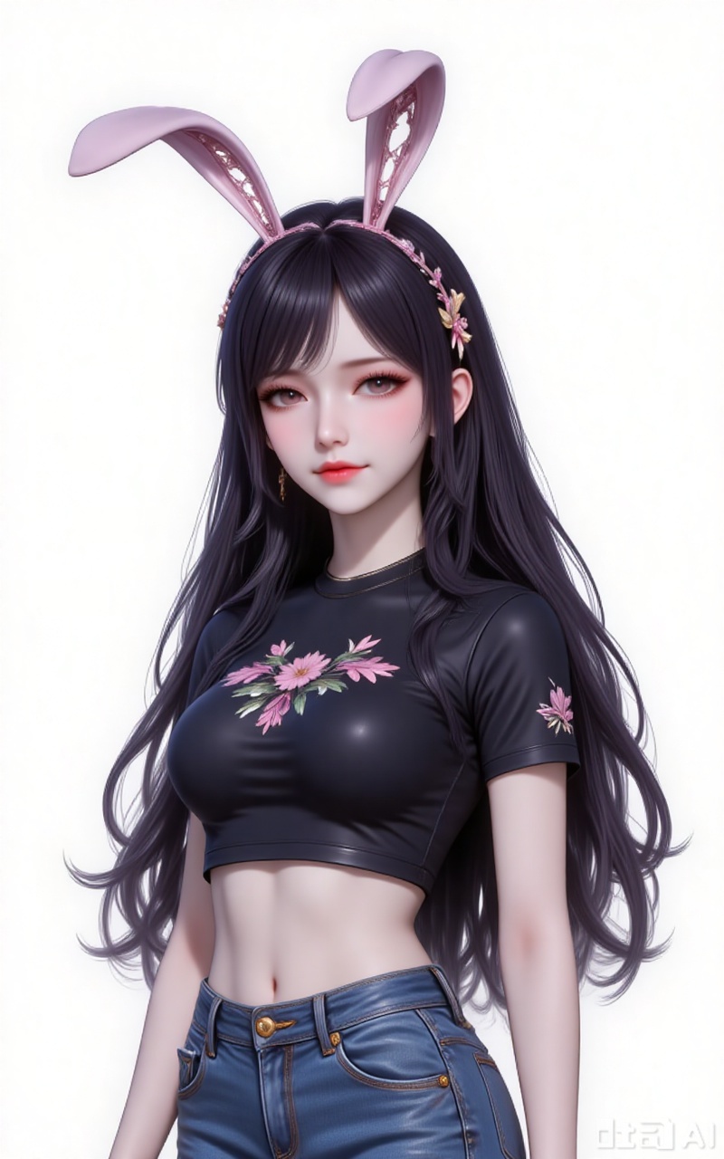 jiangnannan,black hair,long hair,wavy hair,very long hair,brown eyes,shiny_skin,rabbit ears headwear,lvjing,guanghuapifu,pifu,
crop_top,black shirt,print_shirt,jeans,
white_background,simple background,
