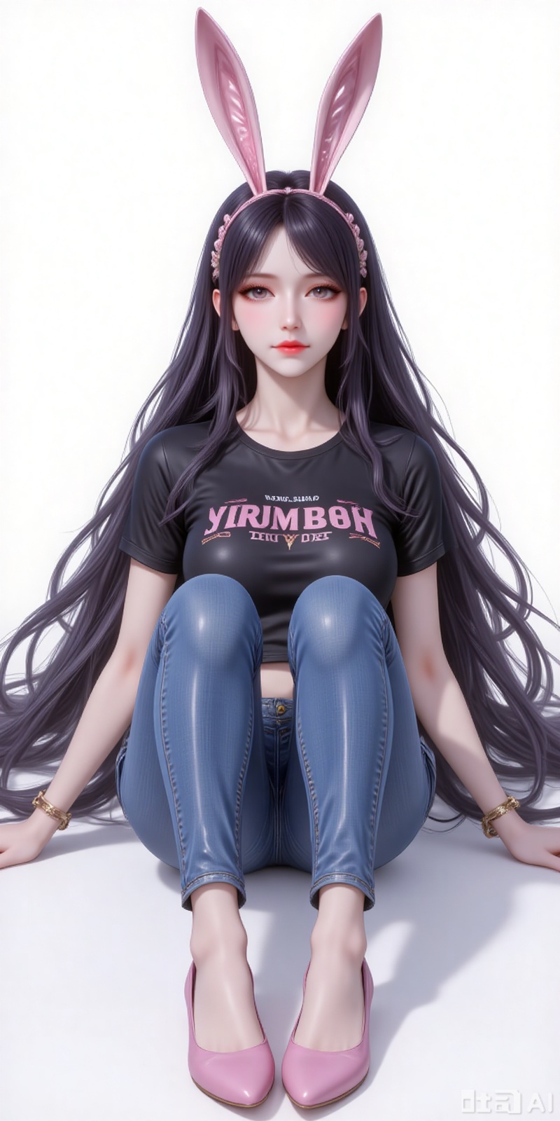 jiangnannan,black hair,long hair,wavy hair,very long hair,brown eyes,shiny_skin,rabbit ears headwear,lvjing,guanghuapifu,pifu,
crop_top,black shirt,print_shirt,jeans,high_heels,full body,sitting,(from_below:1.2),dutch angle,
white_background,simple background,
