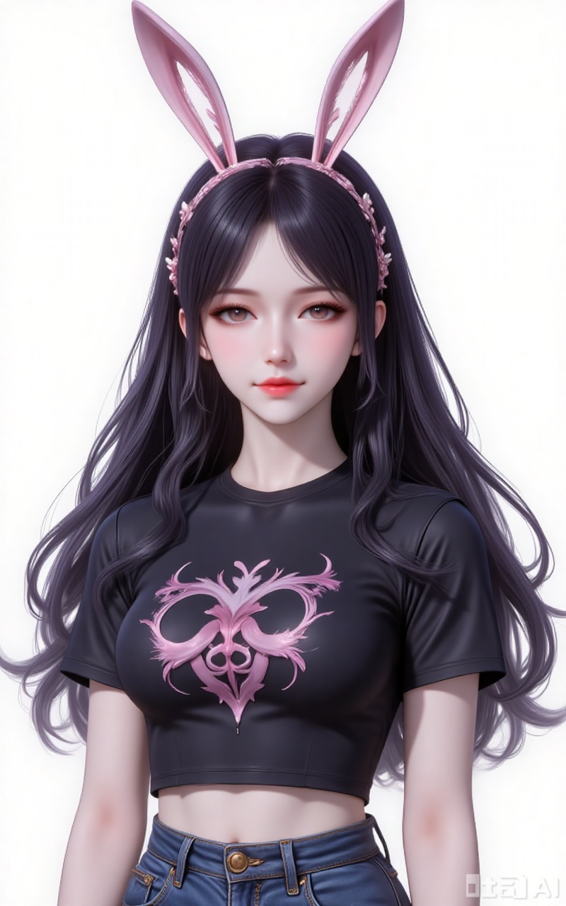 jiangnannan,black hair,long hair,wavy hair,very long hair,brown eyes,shiny_skin,rabbit ears headwear,lvjing,guanghuapifu,pifu,
crop_top,black shirt,print_shirt,jeans,
white_background,simple background,
