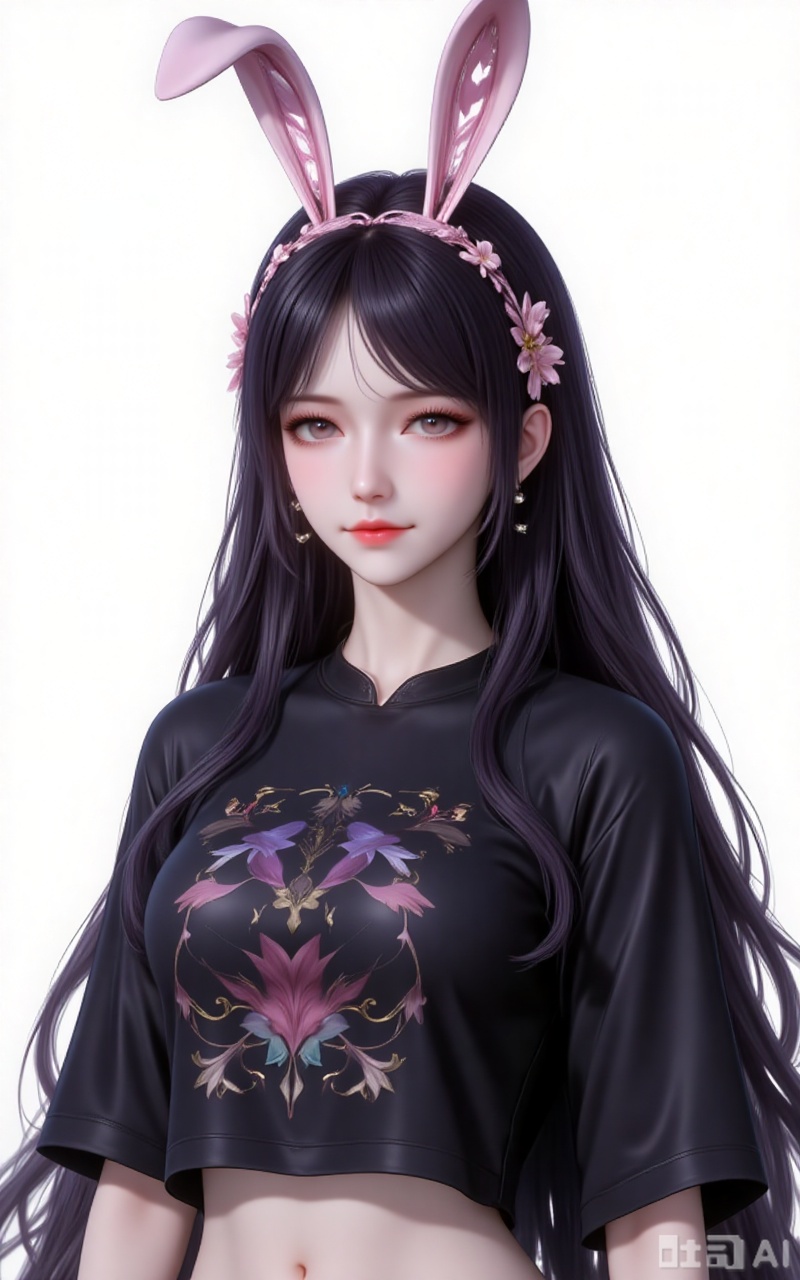 jiangnannan,black hair,long hair,wavy hair,very long hair,brown eyes,shiny_skin,rabbit ears headwear,lvjing,guanghuapifu,pifu,
crop_top,black shirt,print_shirt,upper body,
white_background,simple background,
