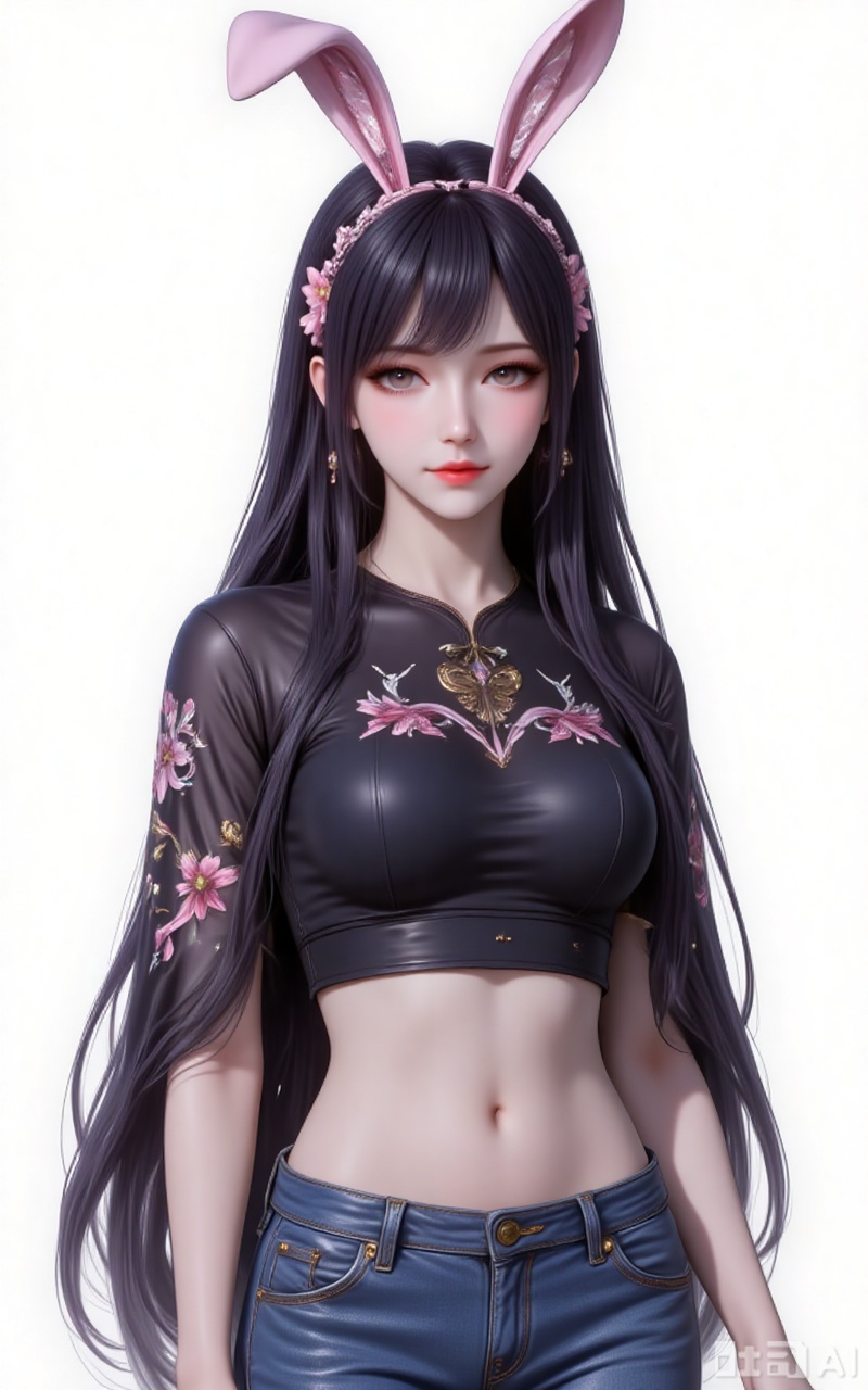 jiangnannan,black hair,long hair,wavy hair,very long hair,brown eyes,shiny_skin,rabbit ears headwear,lvjing,guanghuapifu,pifu,
crop_top,black shirt,print_shirt,jeans,
white_background,simple background,
